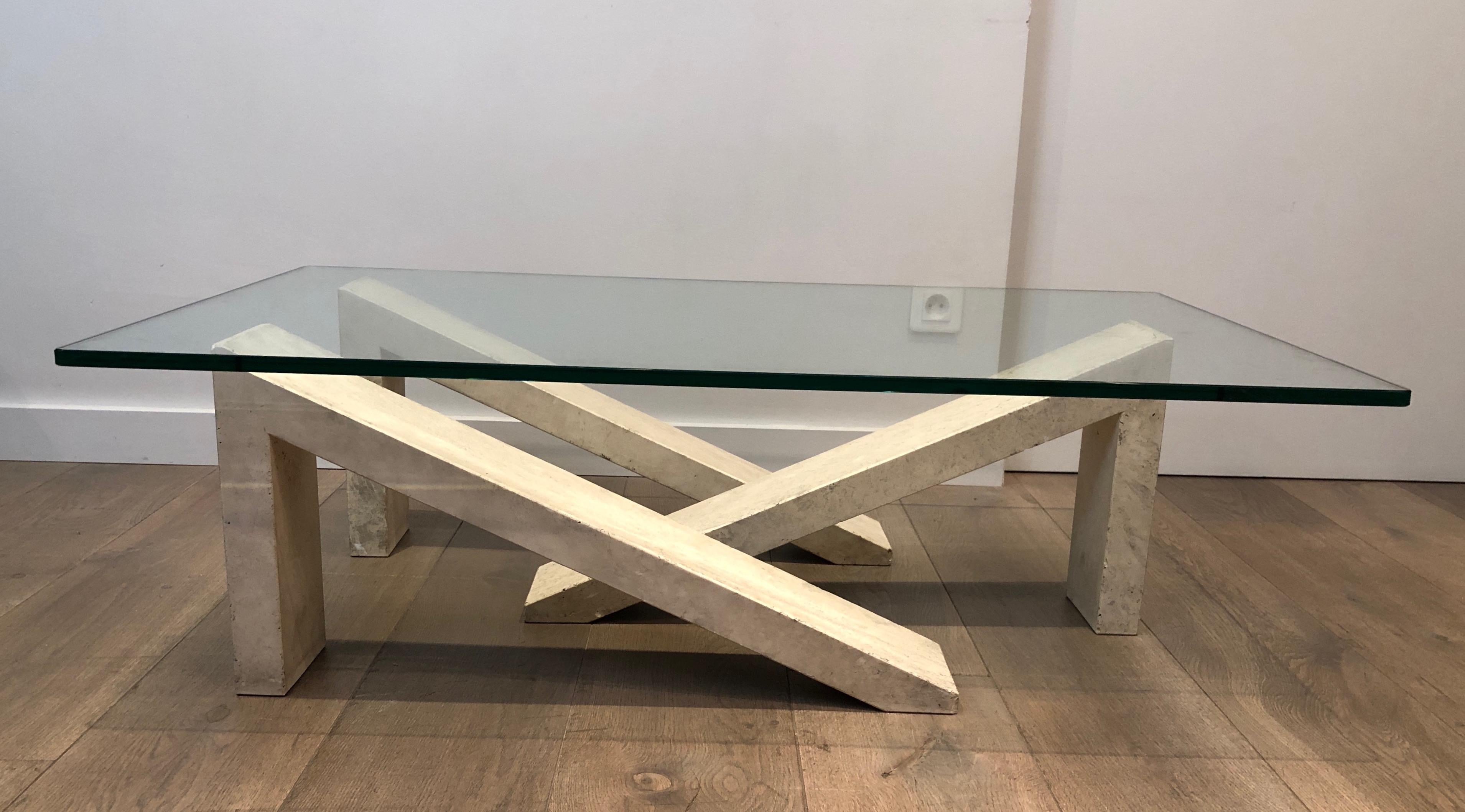 Mid-Century Modern Marble Coffee Table with Glass Top For Sale