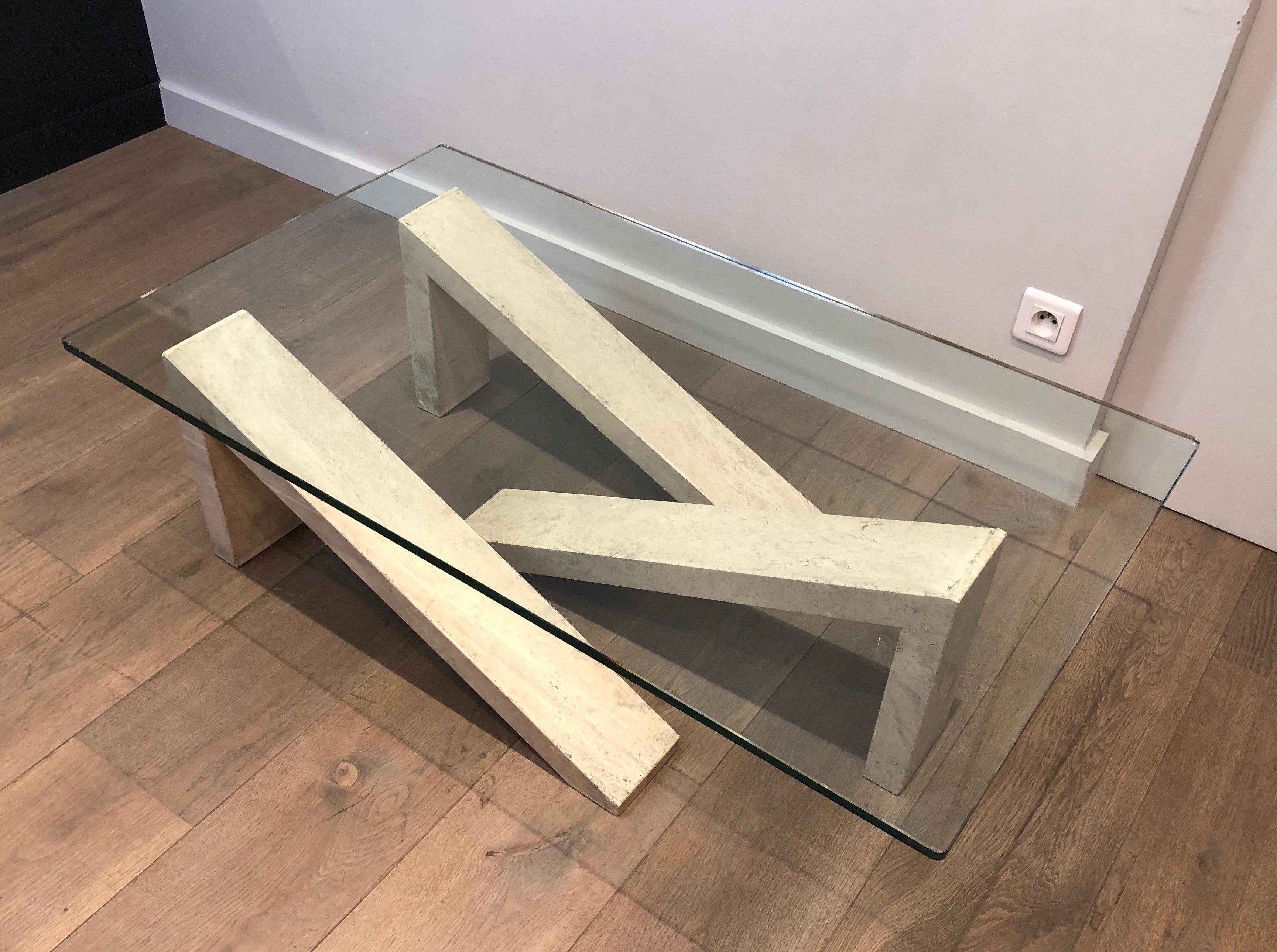 Marble Coffee Table with Glass Top In Good Condition For Sale In Marcq-en-Barœul, Hauts-de-France