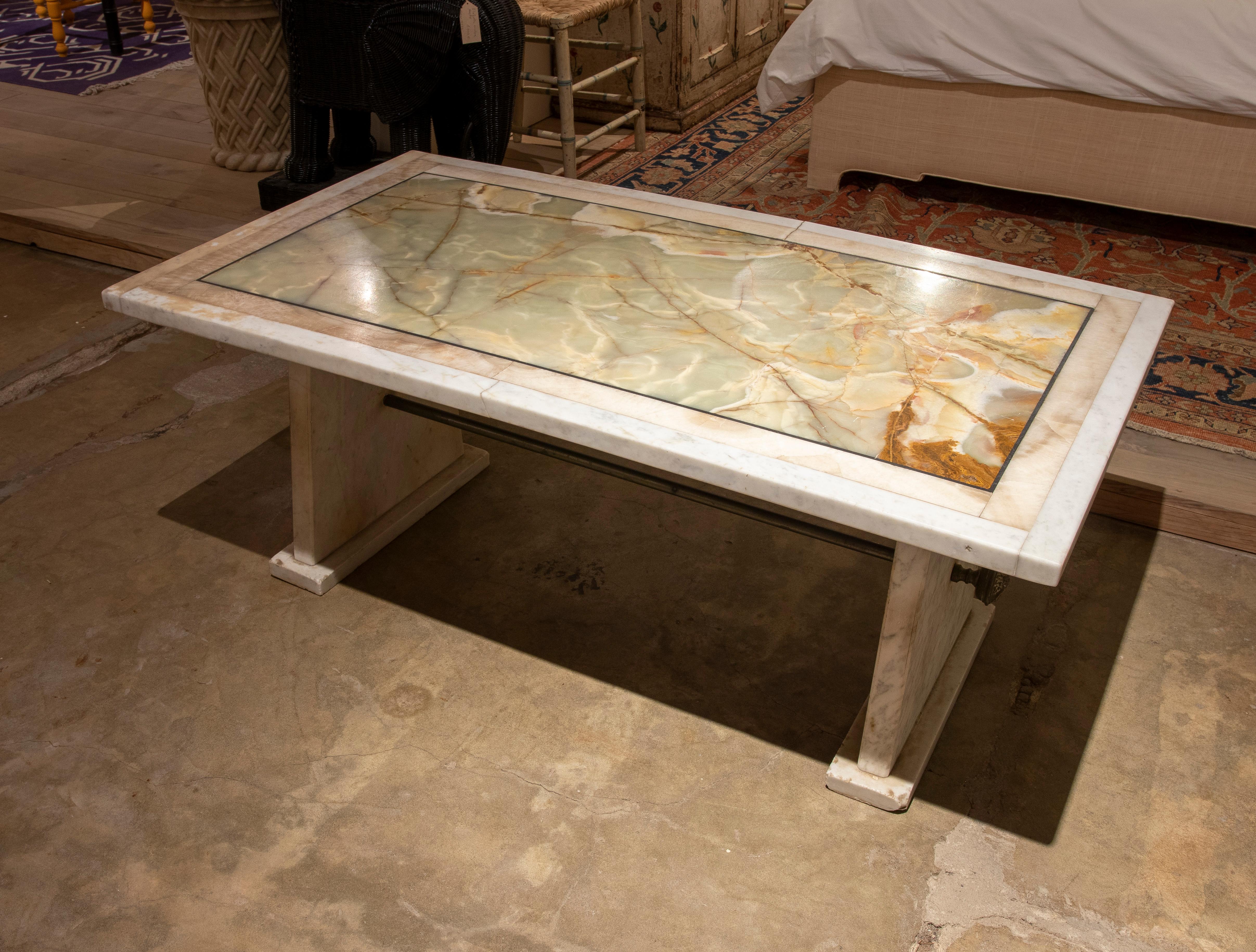 Spanish Marble Coffee Table with Onyx and Marble Top with Bronze Decorations