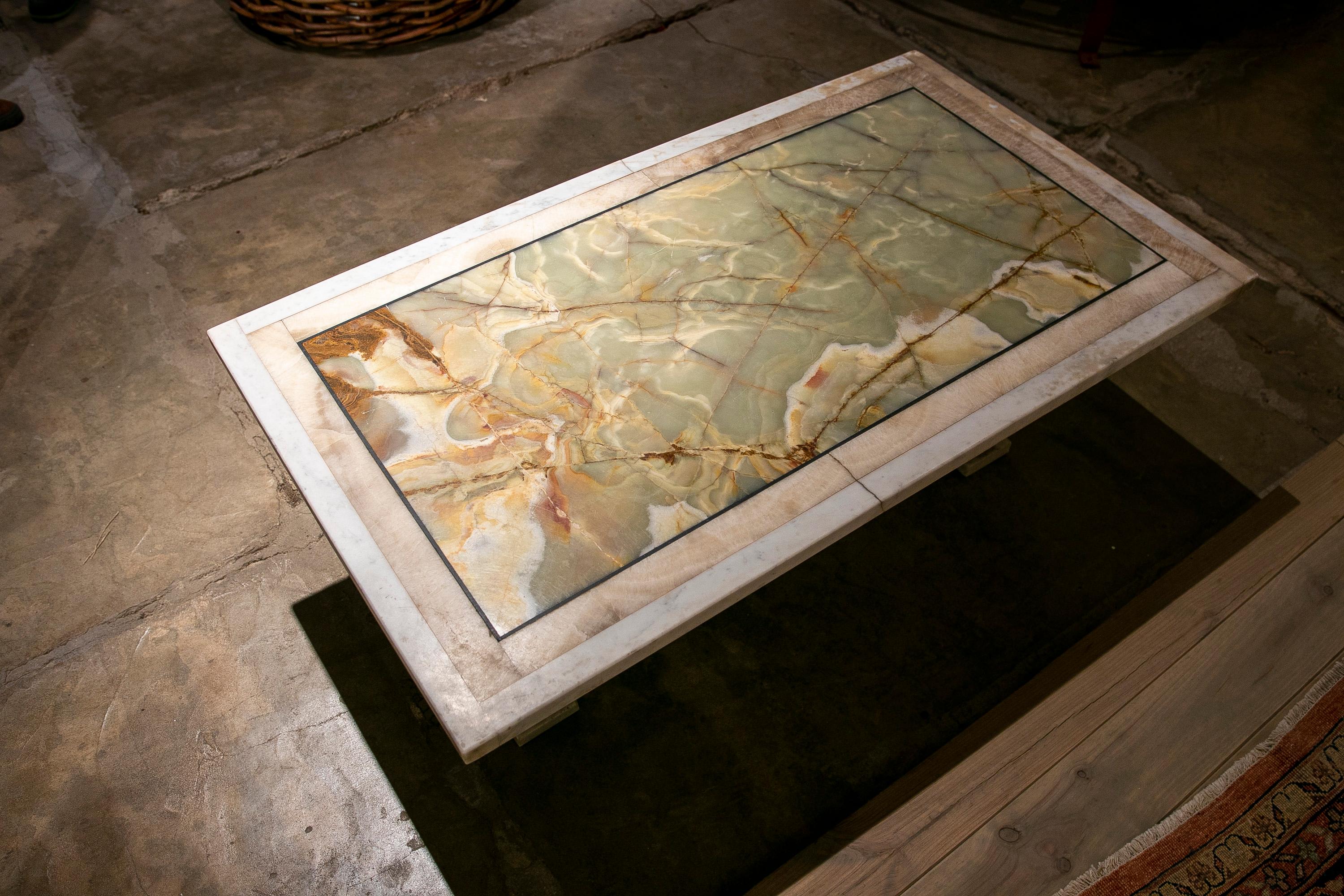 20th Century Marble Coffee Table with Onyx and Marble Top with Bronze Decorations