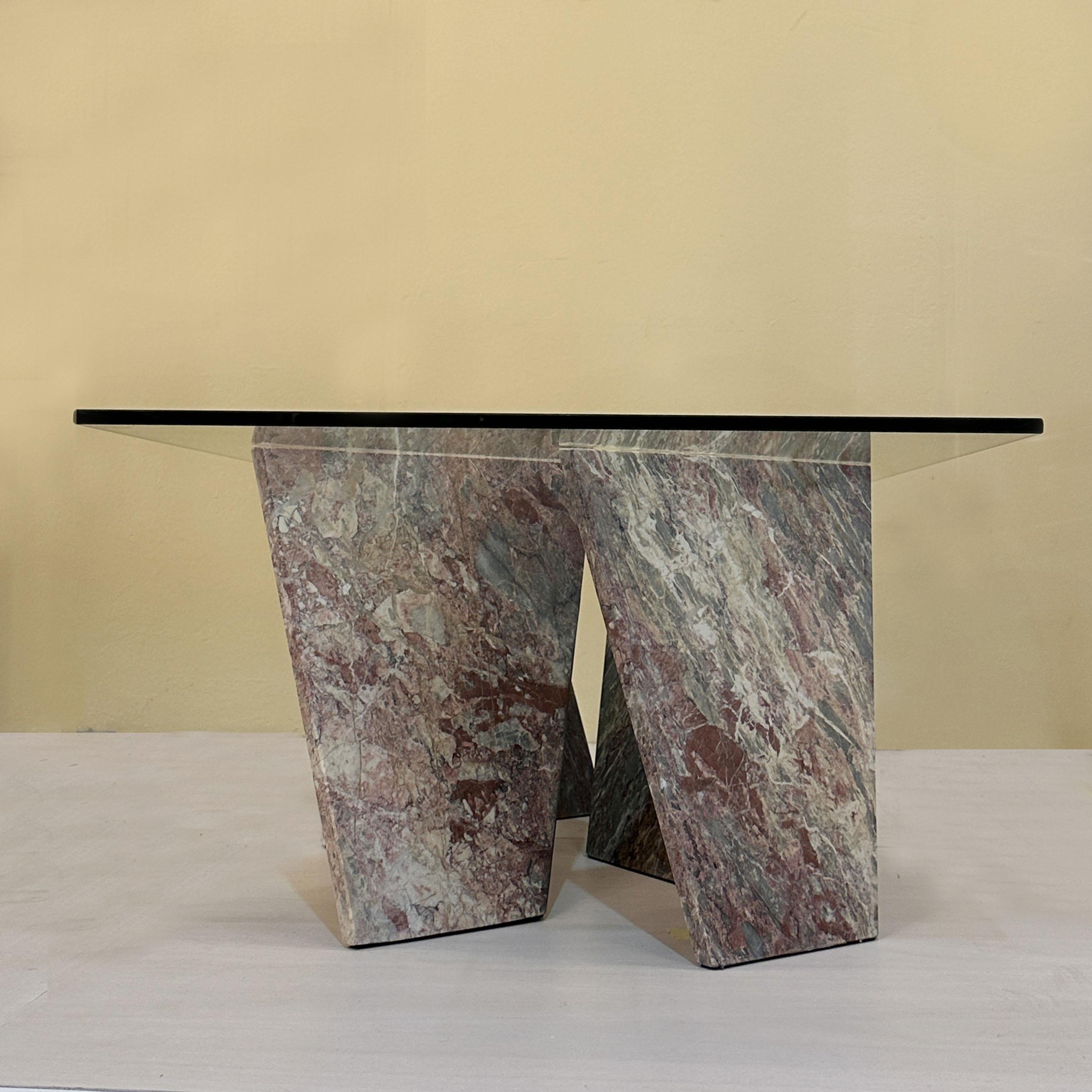 Mesa de centro de mármol con tapa rectangular de cristal, Italia Años 70 en venta 2