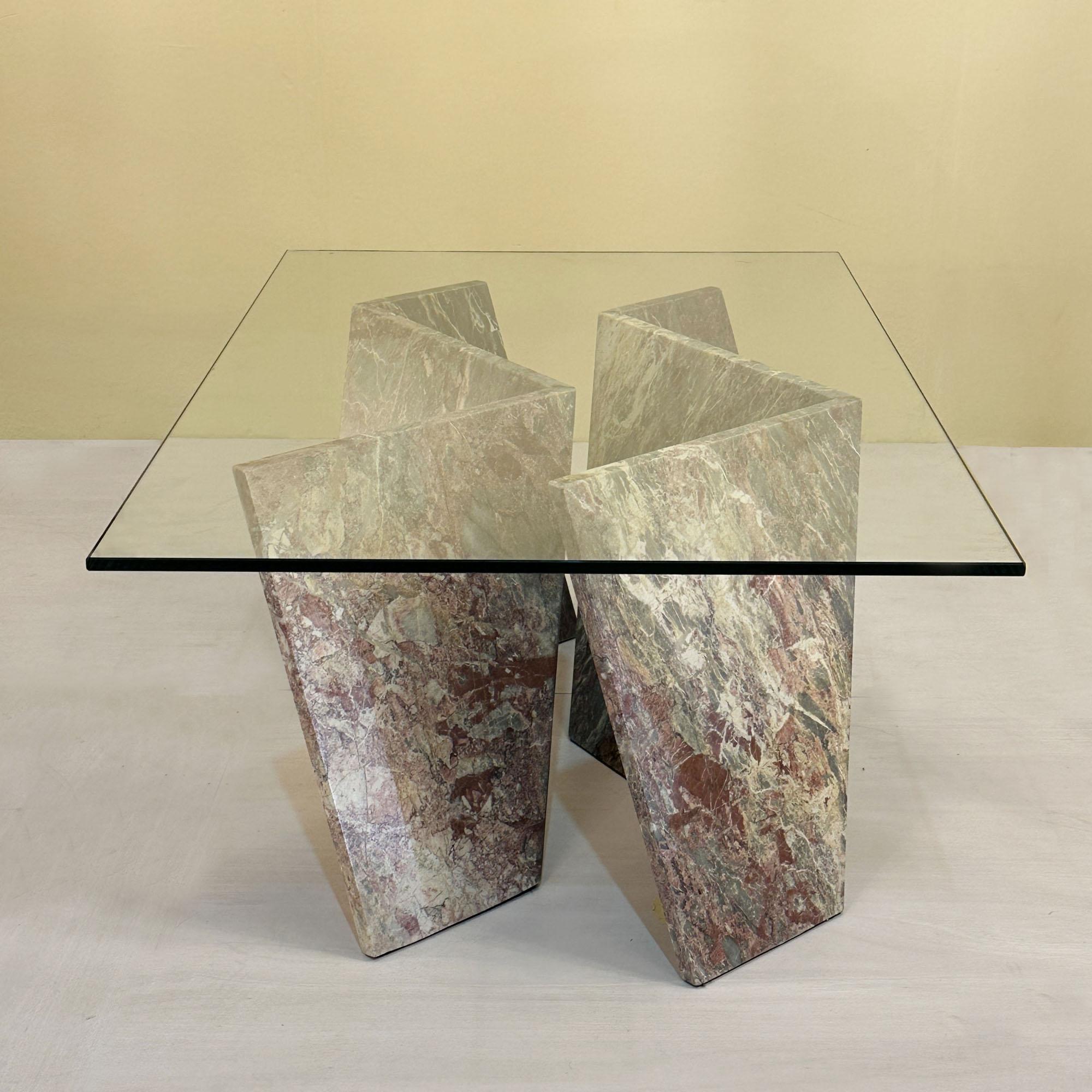 Mesa de centro de mármol con tapa rectangular de cristal, Italia Años 70 Moderno de mediados de siglo en venta