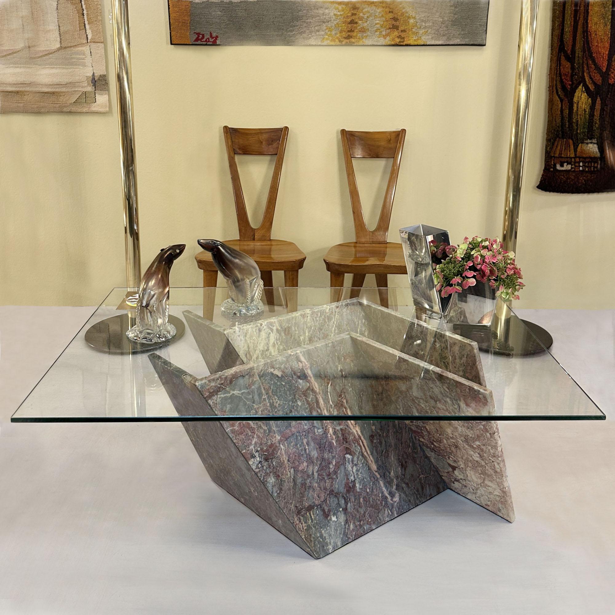 Mesa de centro de mármol con tapa rectangular de cristal, Italia Años 70 en venta 1