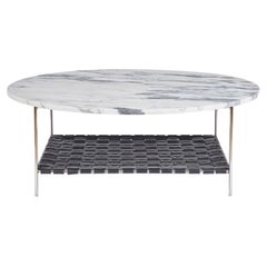 Marble Coffee Table with Woven Leather Shelf - Polished Nickel Plated