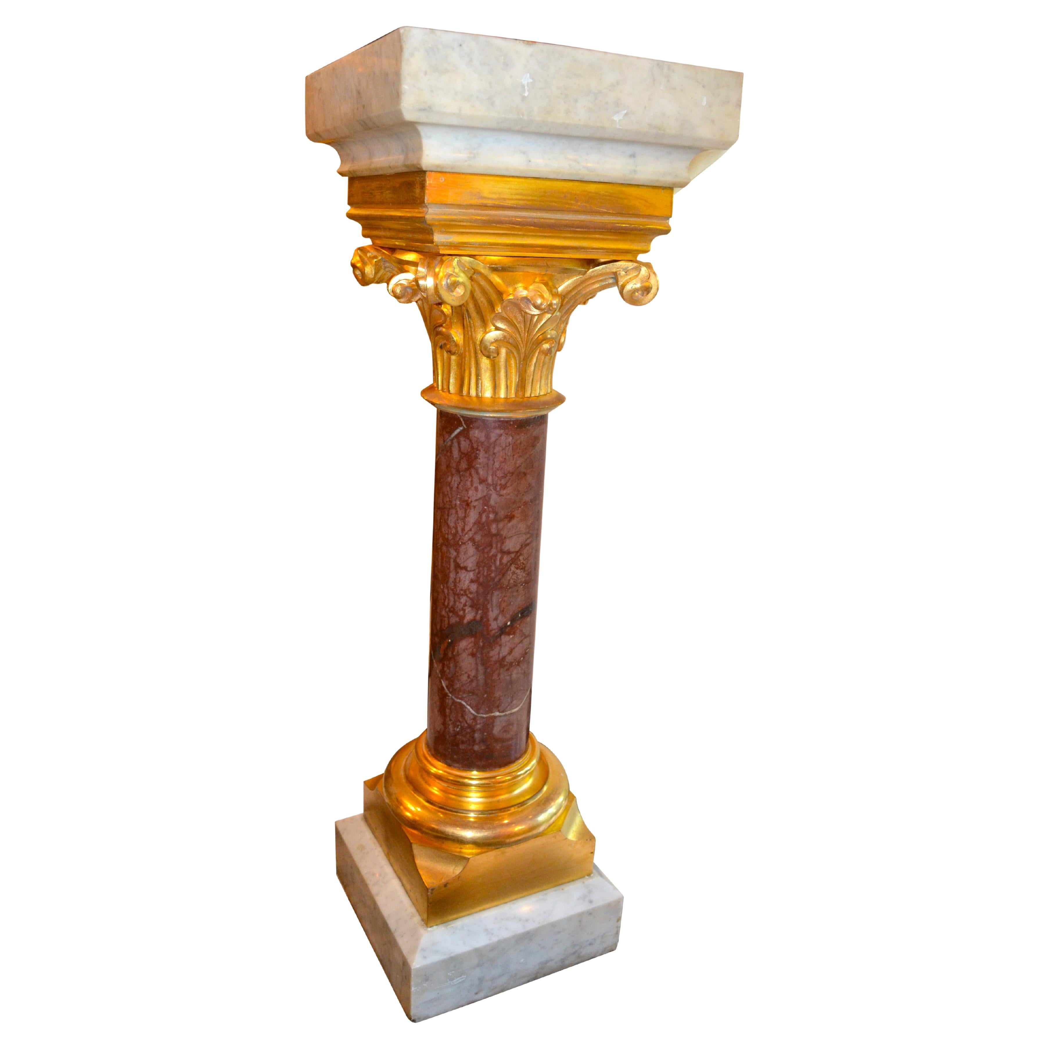 Marble Column with Gilded Bronze Capital and Base For Sale