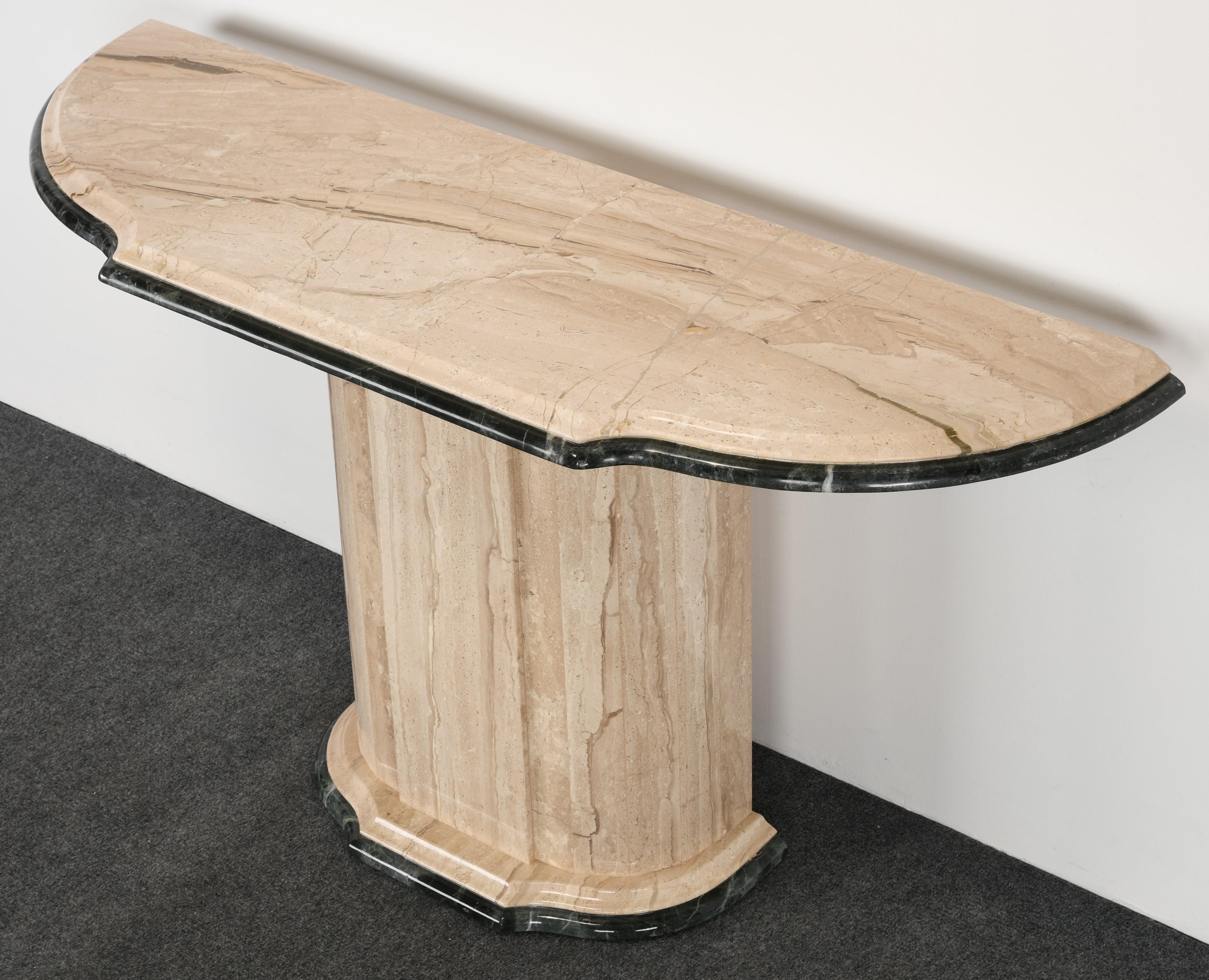 Modern Travertine & Green Marble Console Table, 1980s