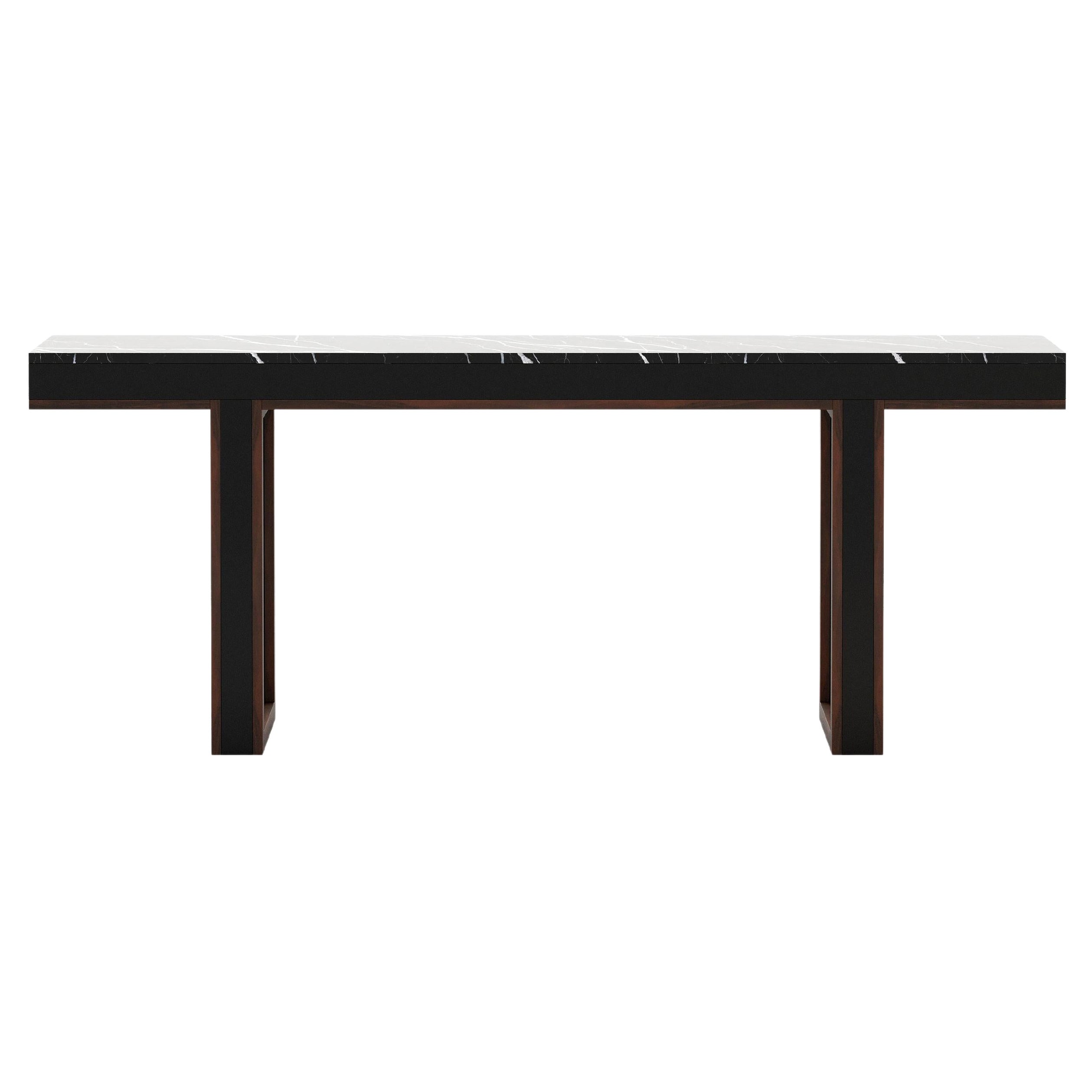 Marble console table with customisable metal details and wood veneer For Sale
