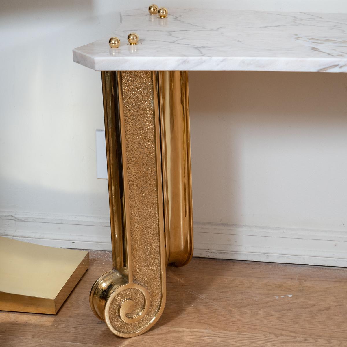 Mid-Century Modern Marble Console with Brass Fluted Legs