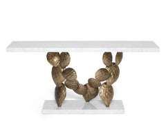 Marble Console with Cactus Leaf-Shaped Structure in Cast Solid Brass