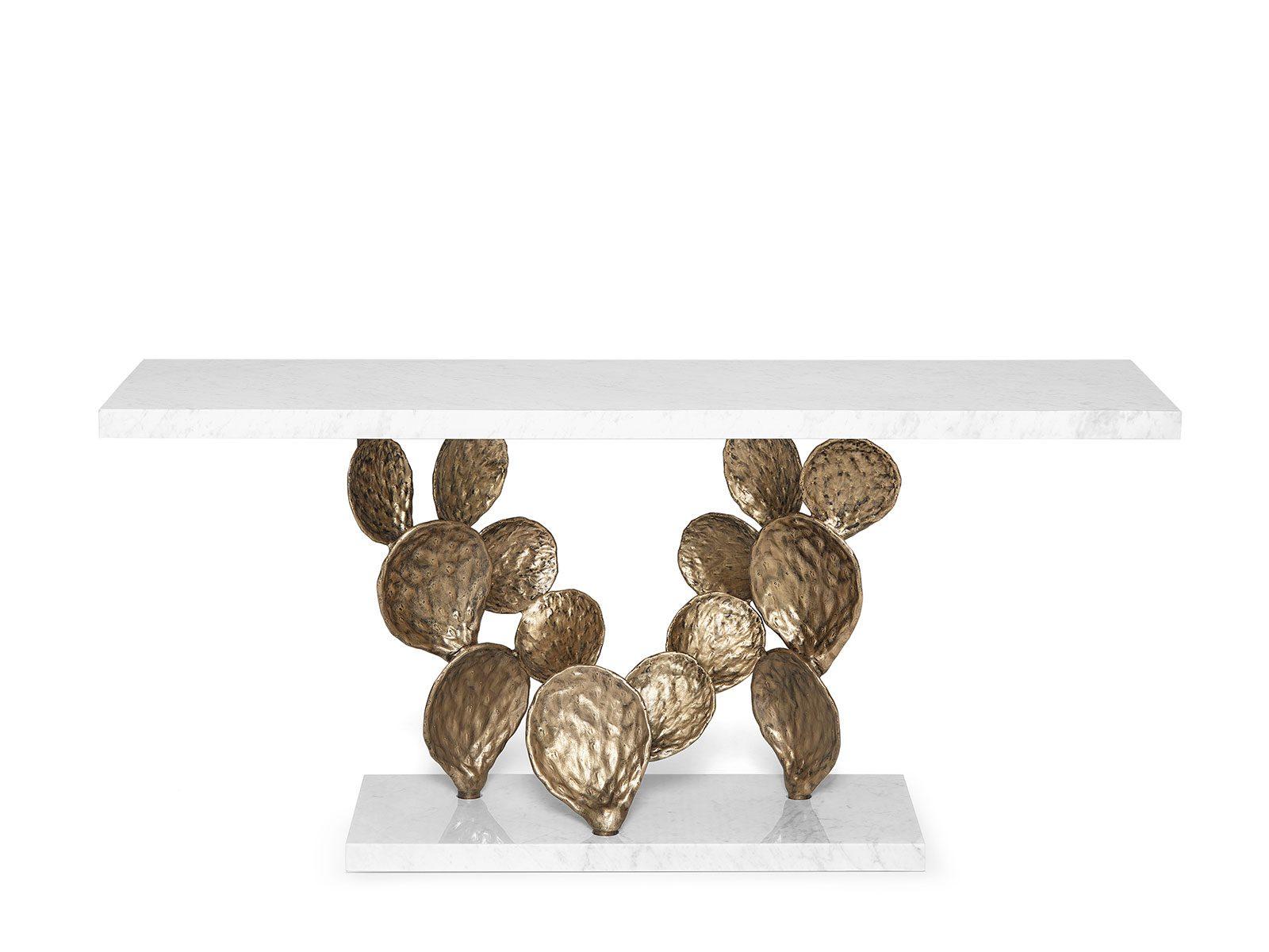 Modern Marble Console with Cactus Leaf-Shaped Structure in Cast Solid Brass For Sale