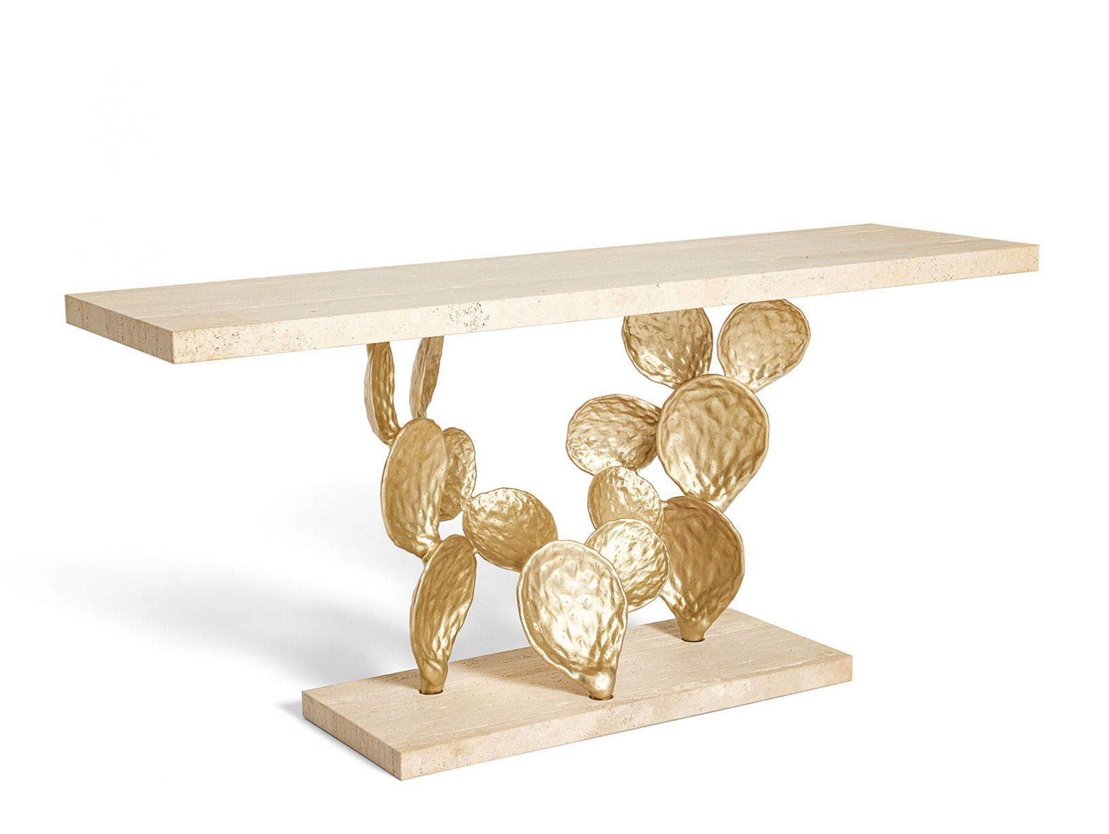 Hand-Crafted Marble Console with Cactus Leaf-Shaped Structure in Cast Solid Brass For Sale