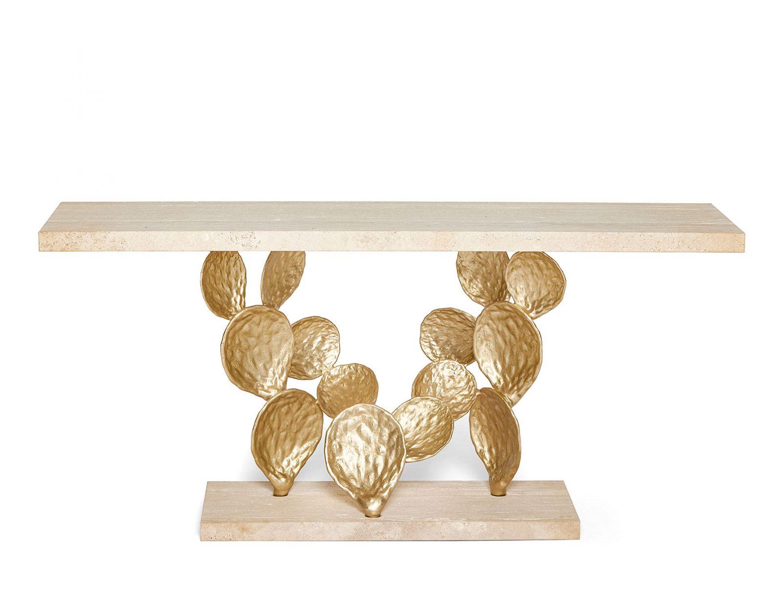 Marble Console with Cactus Leaf-Shaped Structure in Cast Solid Brass In New Condition For Sale In New York, NY