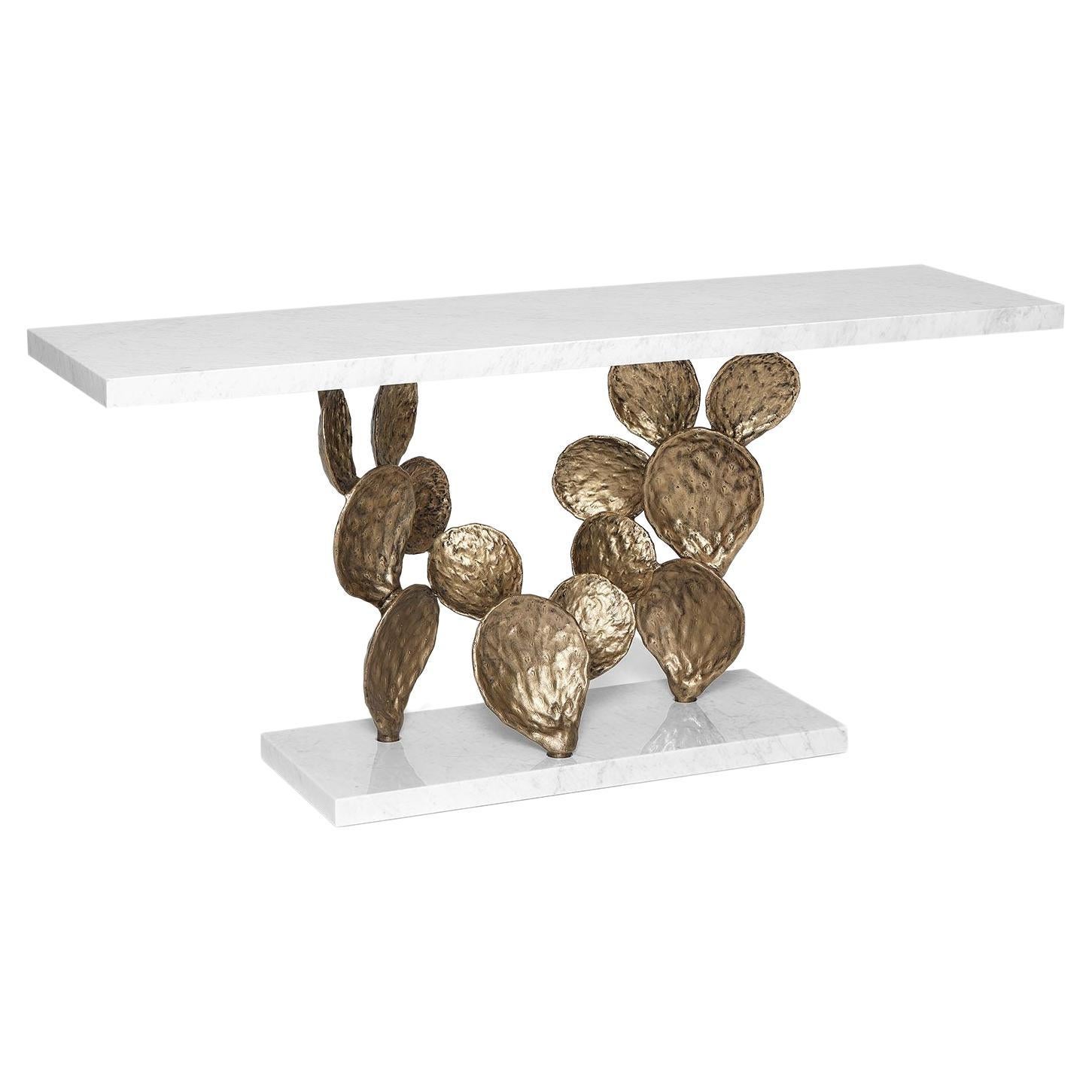 Marble Console with Cactus Leaf-Shaped Structure in Cast Solid Brass For Sale