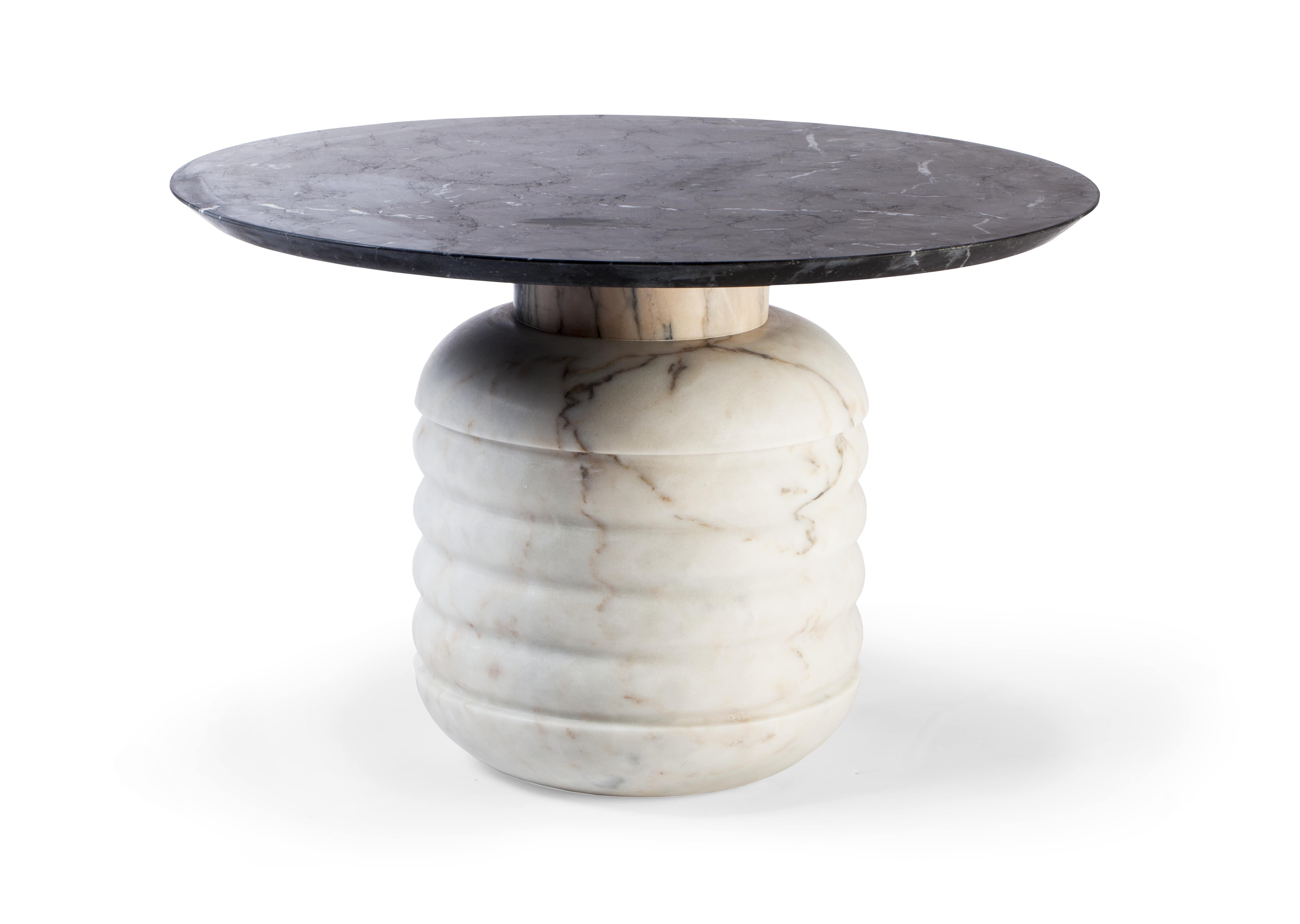 Marble contemporary Jean coffee table
Dimensions: H 38 cm x Ø 60cm
Materials: top: estremoz, nero marquina, verde guatemala, estremoz
 Middle part: estremoz, nero marquina, estremoz 
 Base: estremoz marble.





