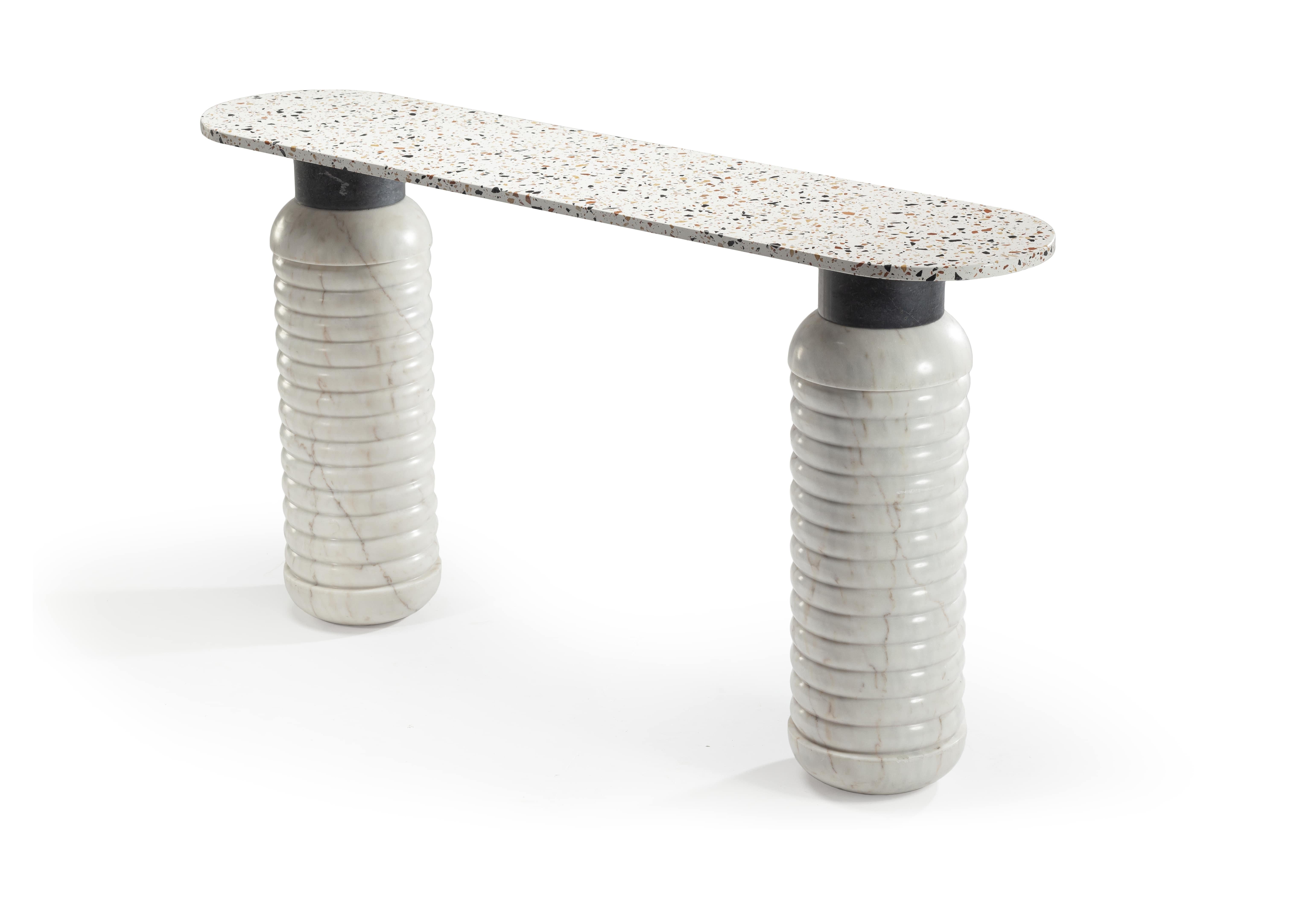 Marble Contemporary Jean Console Table
Dimensions: h 80 x w 150 x d 35 cm
Materials : top: terrazzo africa, estremoz white matte, extremoz pink matte, nero marquina or verde 
 guatemala
 middle: estremoz white matte, extremoz pink matte or nero