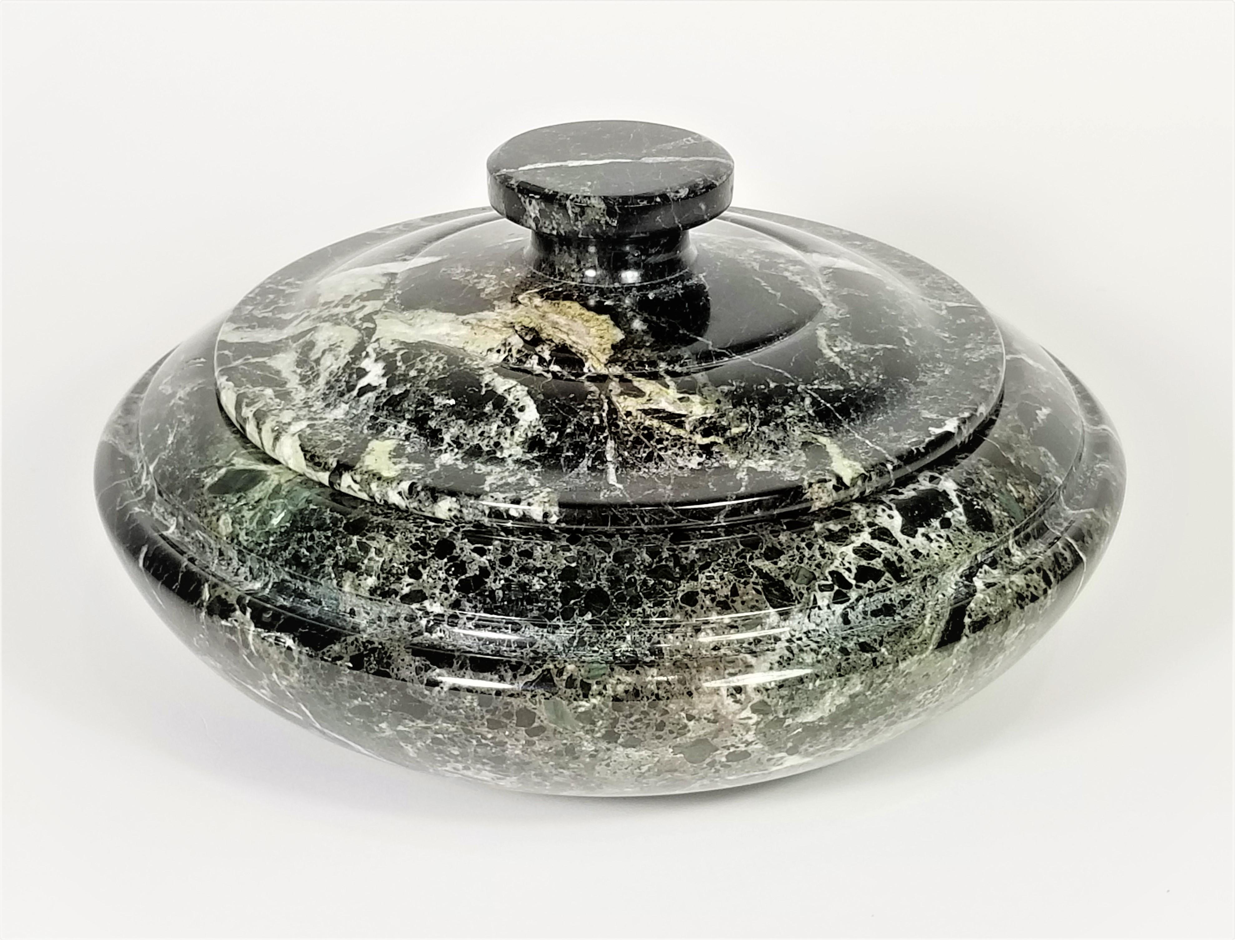 Vintage / midcentury marble covered or lidded bowl. Stunning marble. Black and green with white veins. 
Could also be used as an ashtray.