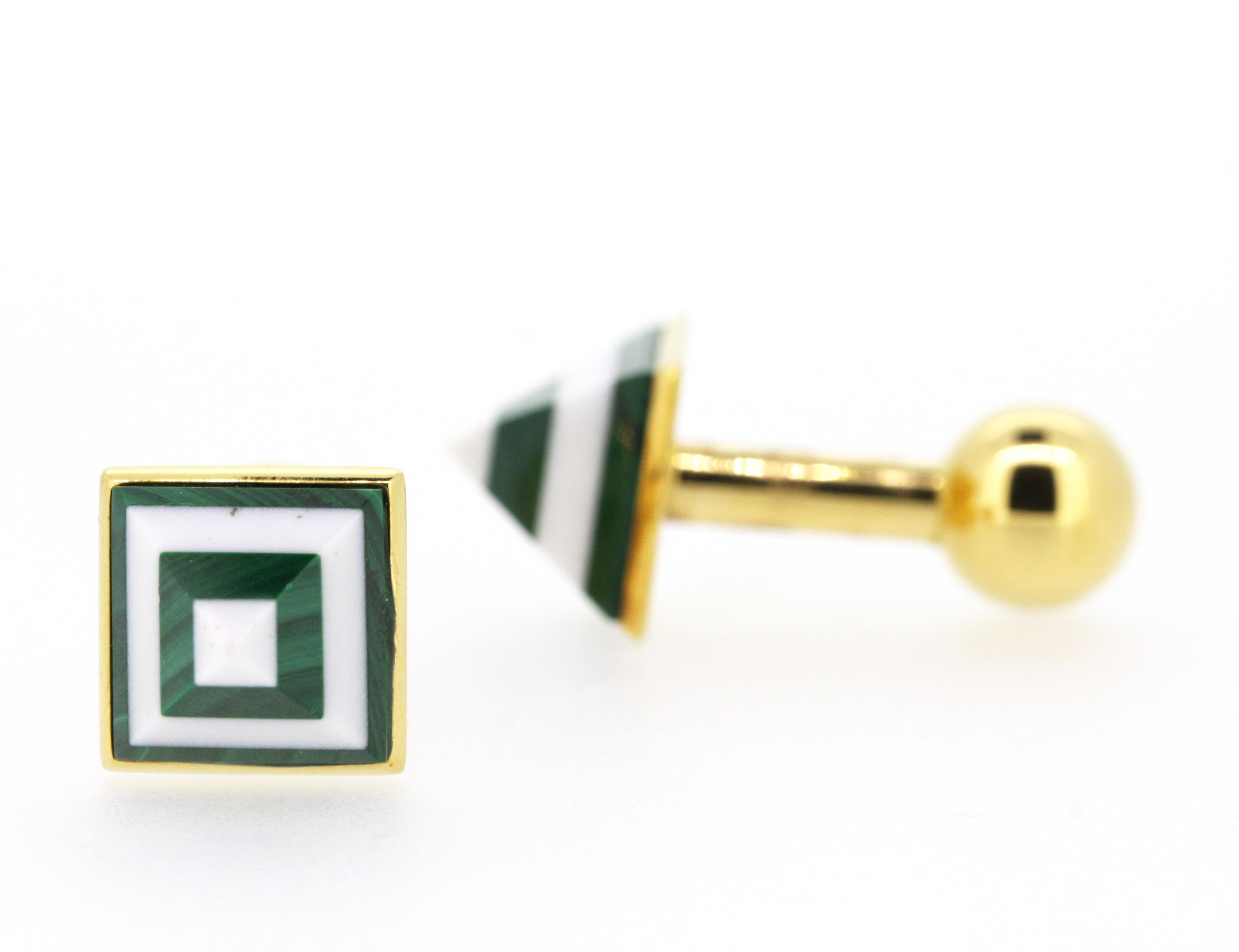 Modern Marble Cufflinks White and Green in 18 Karat Yellow Gold For Sale