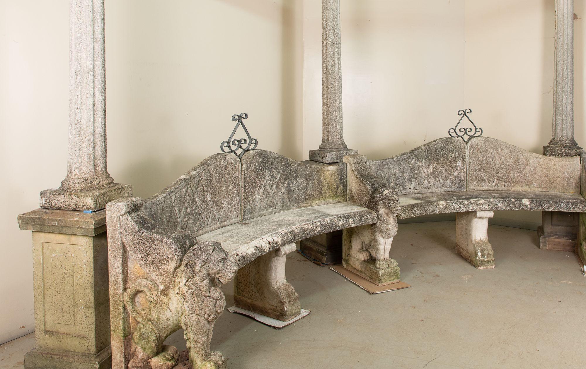 An Italian late 20th century loggia. This loggia is made of Marble di Latte, a kind of mixed stone using marble as its primary material. The sturdy loggia has two curved benches. The back mimics that of a covered button upholstery piece in