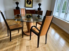 Base de table de salle à manger en marbre et plateau en verre, 4 chaises en cuir par Roche Bobois/Potocco