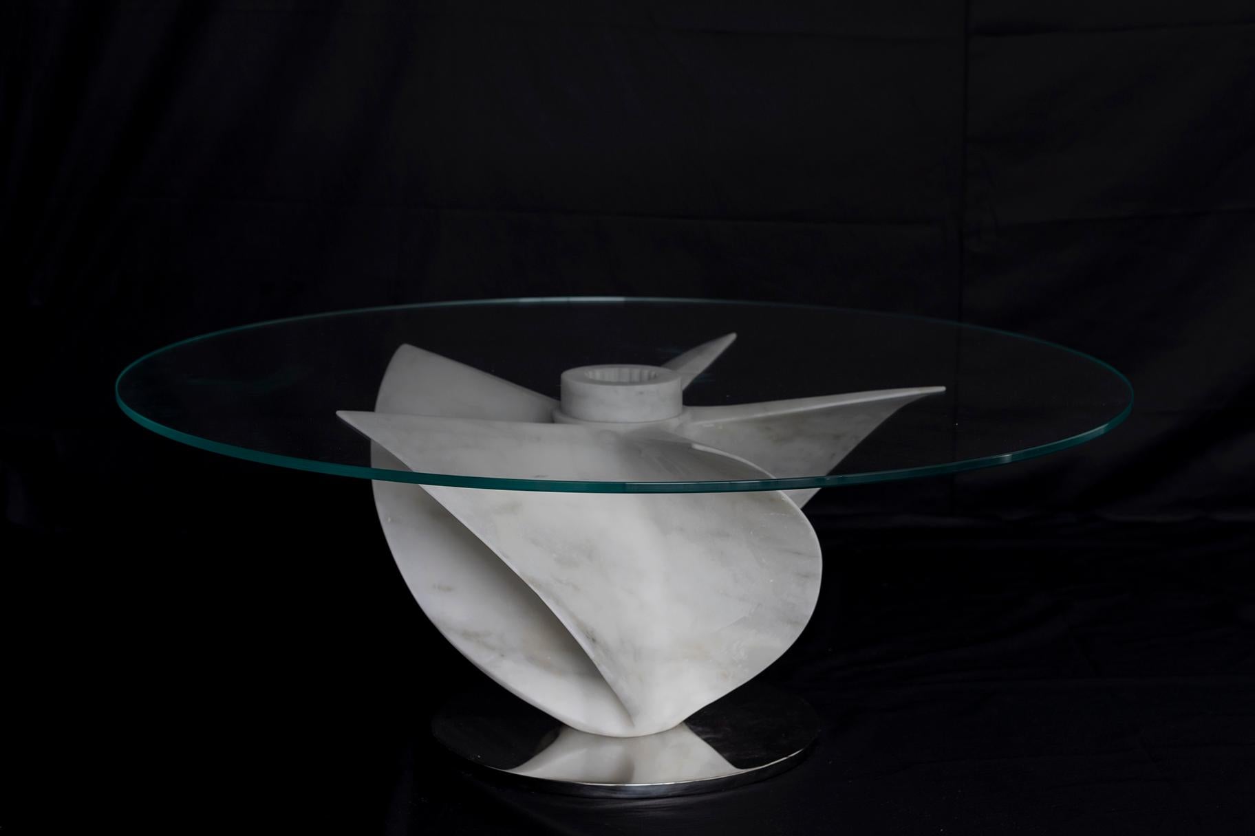 Italian Marble Dining Table in White Carrara Marble with Glass Top For Sale