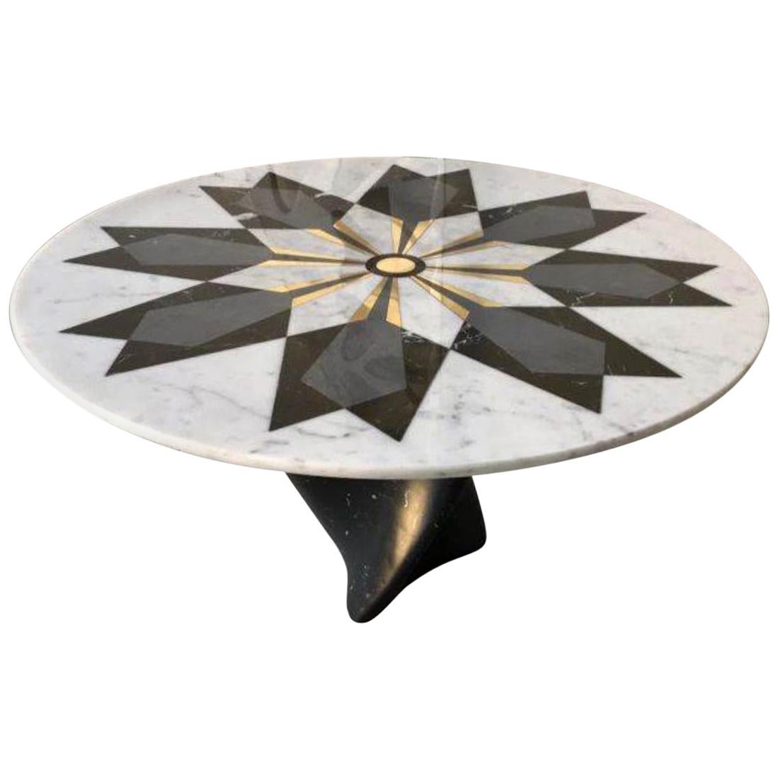 Italian Marble Dining Table with Inlayed Design in Brass and Carrara Marble For Sale