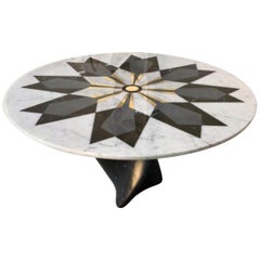 Italian Marble Dining Table with Inlayed Design in Brass and Carrara Marble