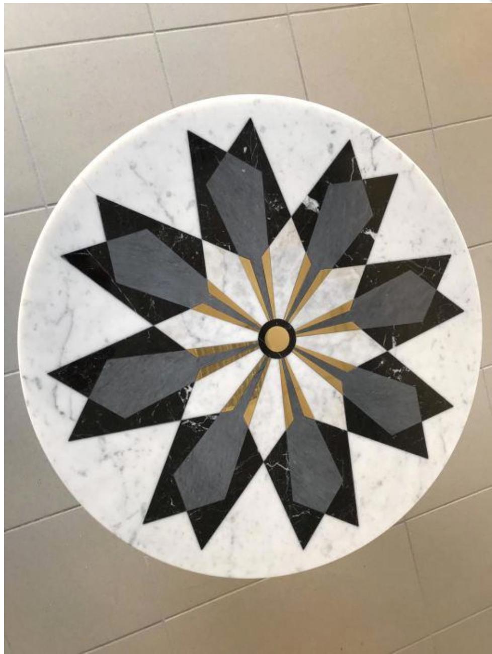 Polished Italian Marble Center Table with Inlayed Diamonds in Brass and Carrara Marble For Sale