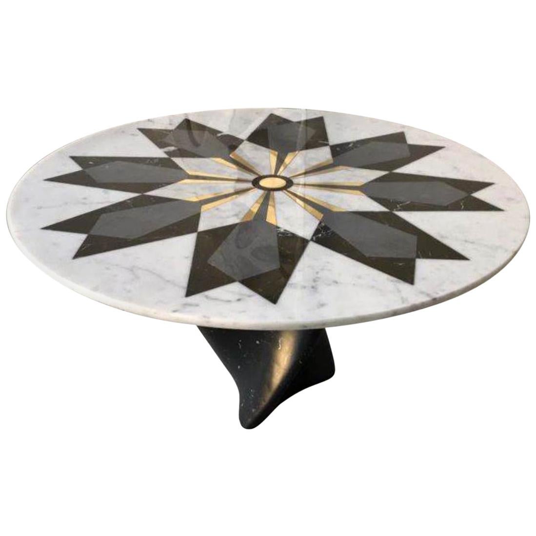 Italian Marble Center Table with Inlayed Diamonds in Brass and Carrara Marble For Sale