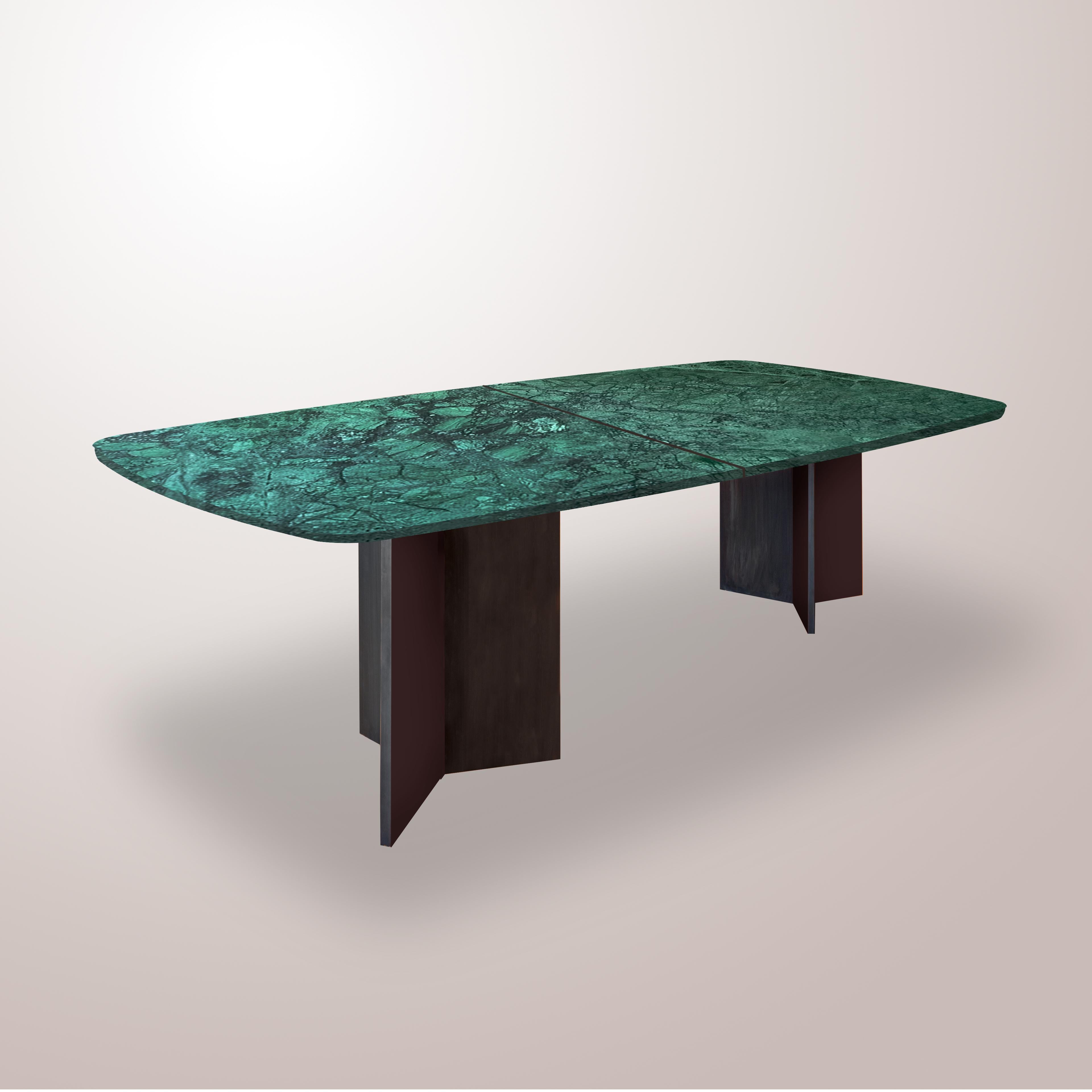 Contemporary Green Marble Dining Table With Two Legs Customisable in Colours and Finishes For Sale