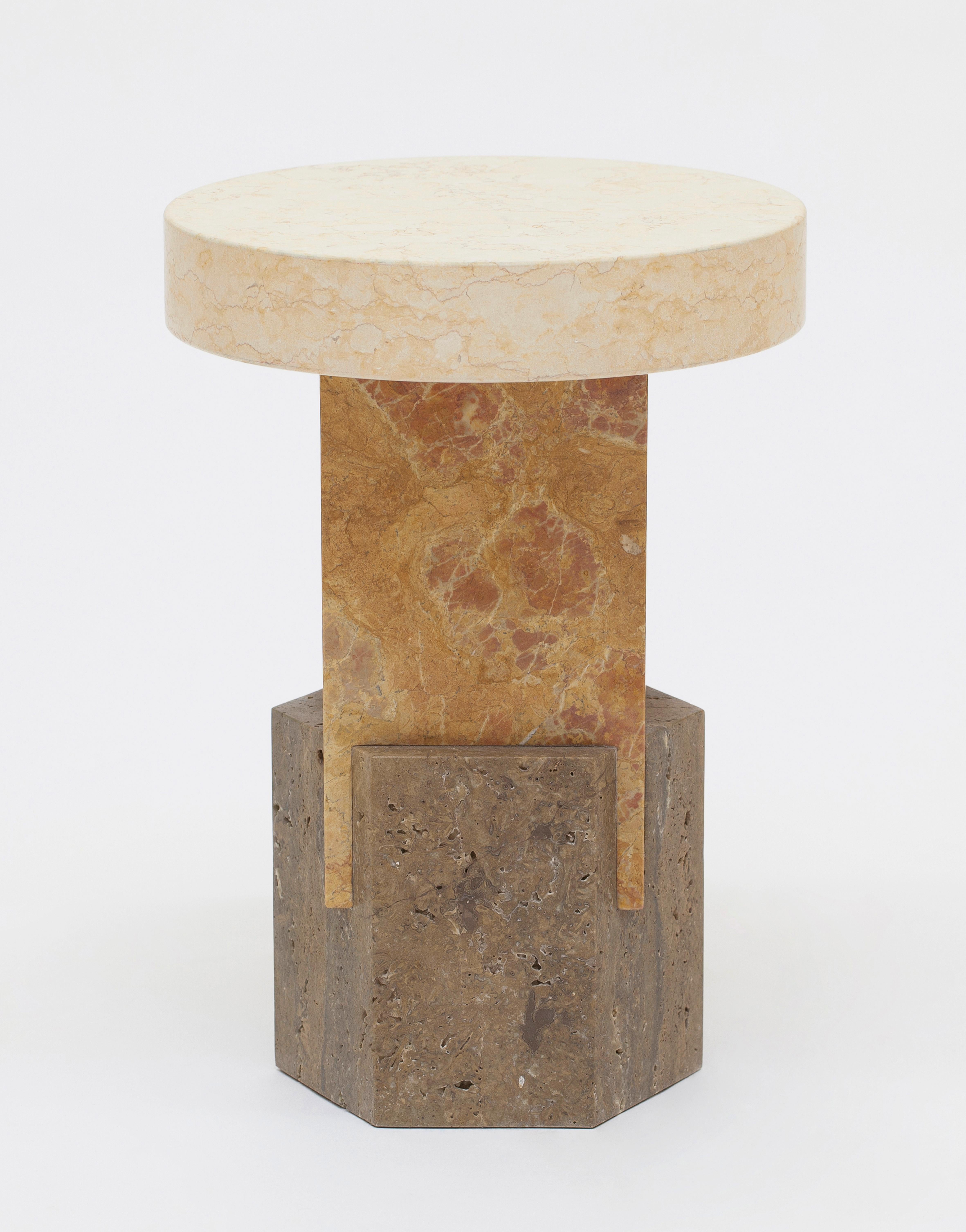 Marble Dorik Chroma stool by Oeuffice
Edition: 12 + 2AP
2014
Dimensions: 30 x 30 x 42 cm
Materials: Cipollino Apuano marble, Porfido Red marble, Luzerna stone in aged yellow

Kapital is a series of limited edition tables and stools based on
