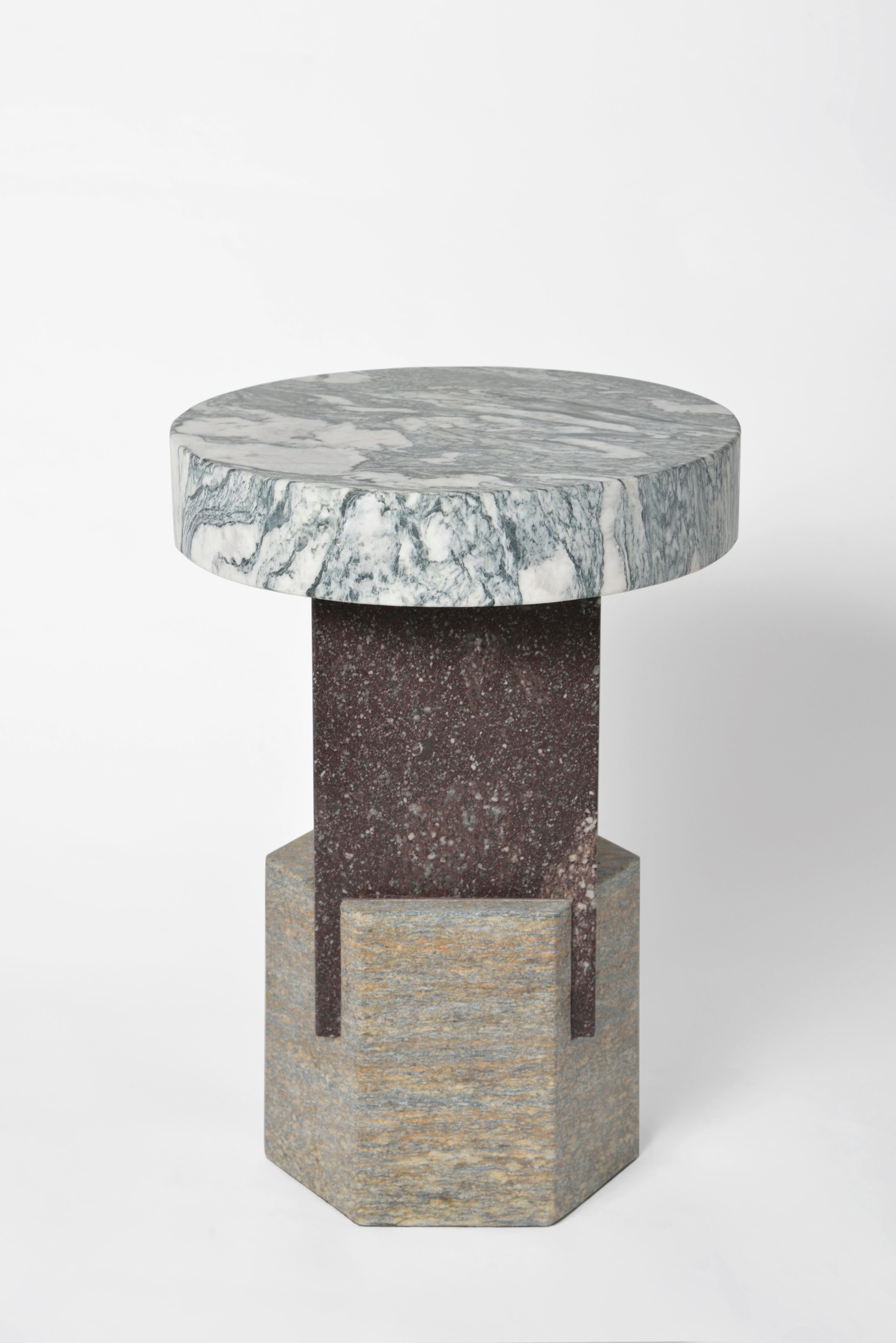 Marble dorik stool by Oeuffice
Edition: 12 + 2AP
2014
Dimensions: 30 x 30 x 42 cm
Materials: Cipollino apuano marble, porfido red marble, luzerna stone in aged yellow

Kapital is a series of limited edition tables and stools based on essential