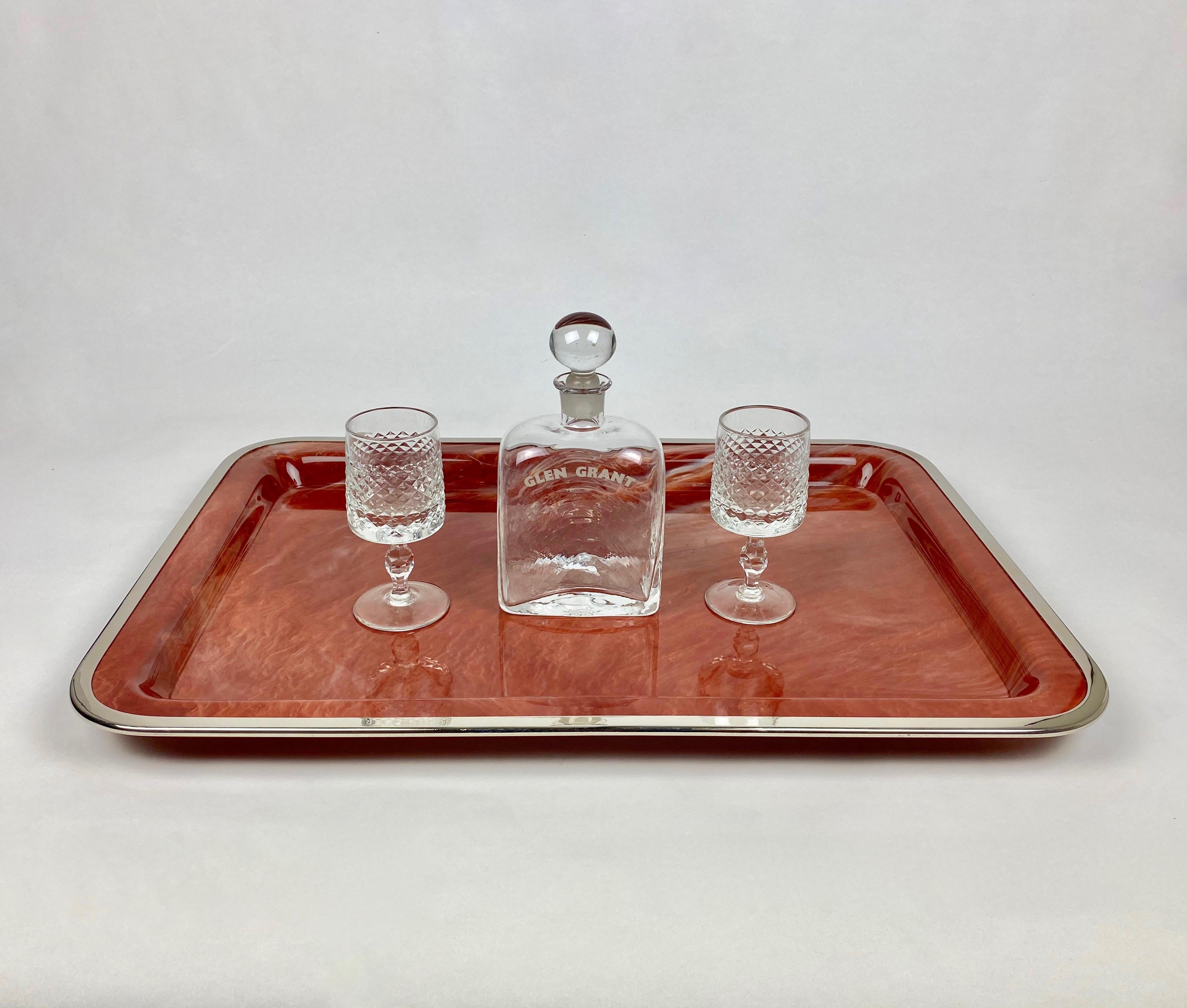 Mid-Century Modern Marble Effect Acrylic and Frame Chrome Tray Centerpiece by BB Genova Italy 1970s