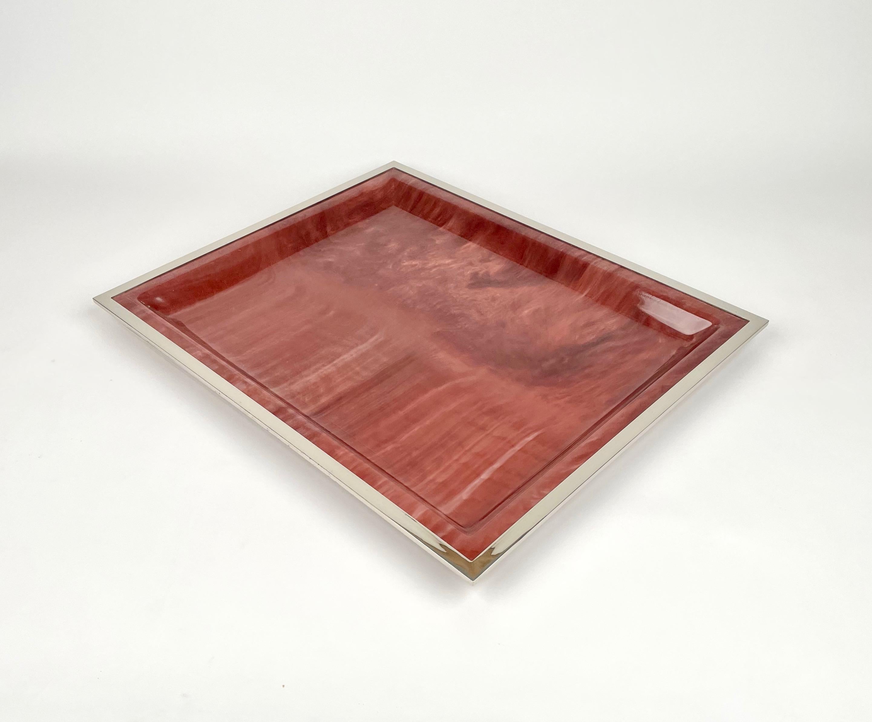 Large rectangular Acrylic marble effect and frame chrome tray centerpiece, Italy, 1970s.

 