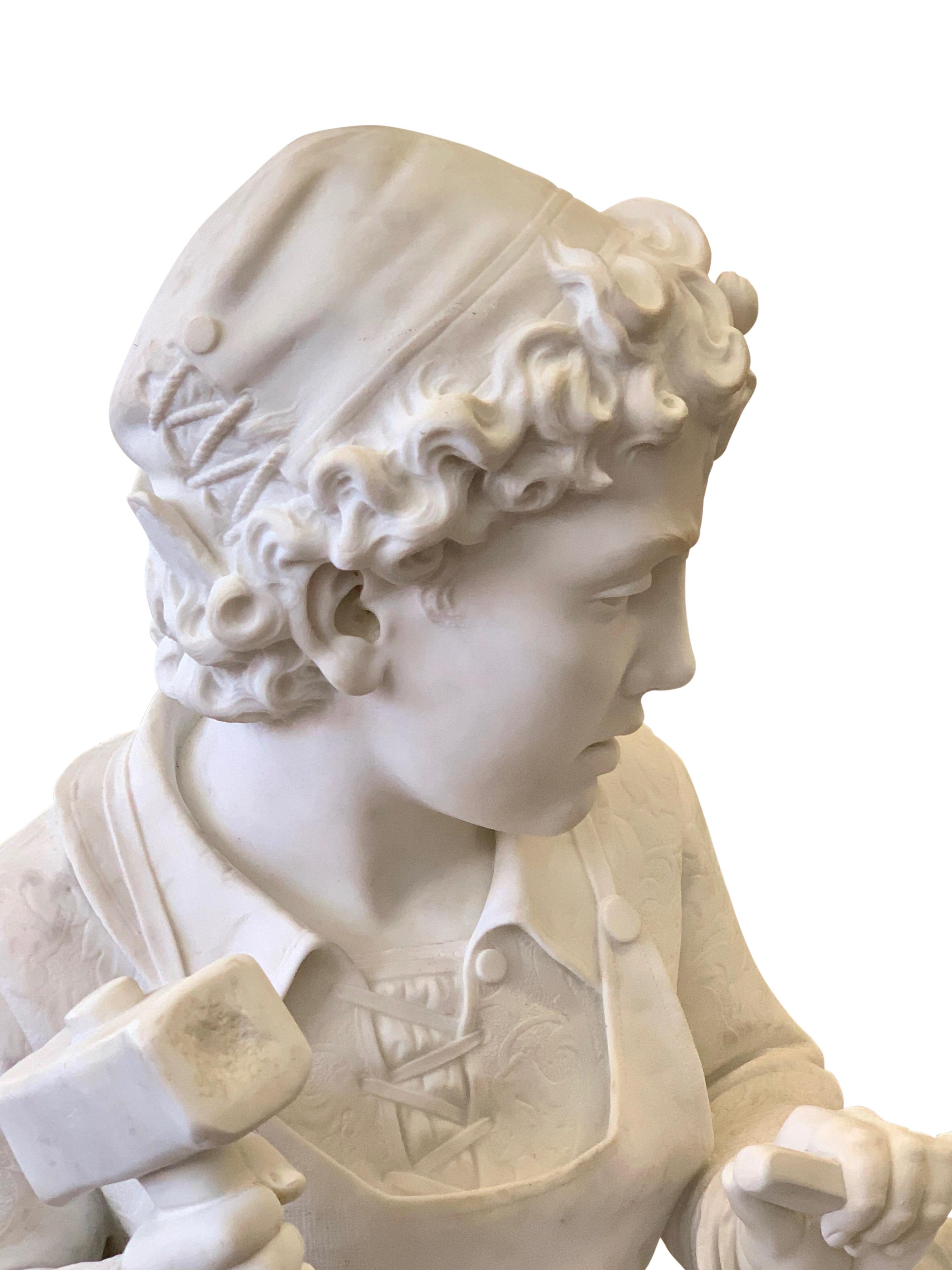 Figure ancienne en marbre de Michel-Ange sculptant la tête d'un faune en vente 9