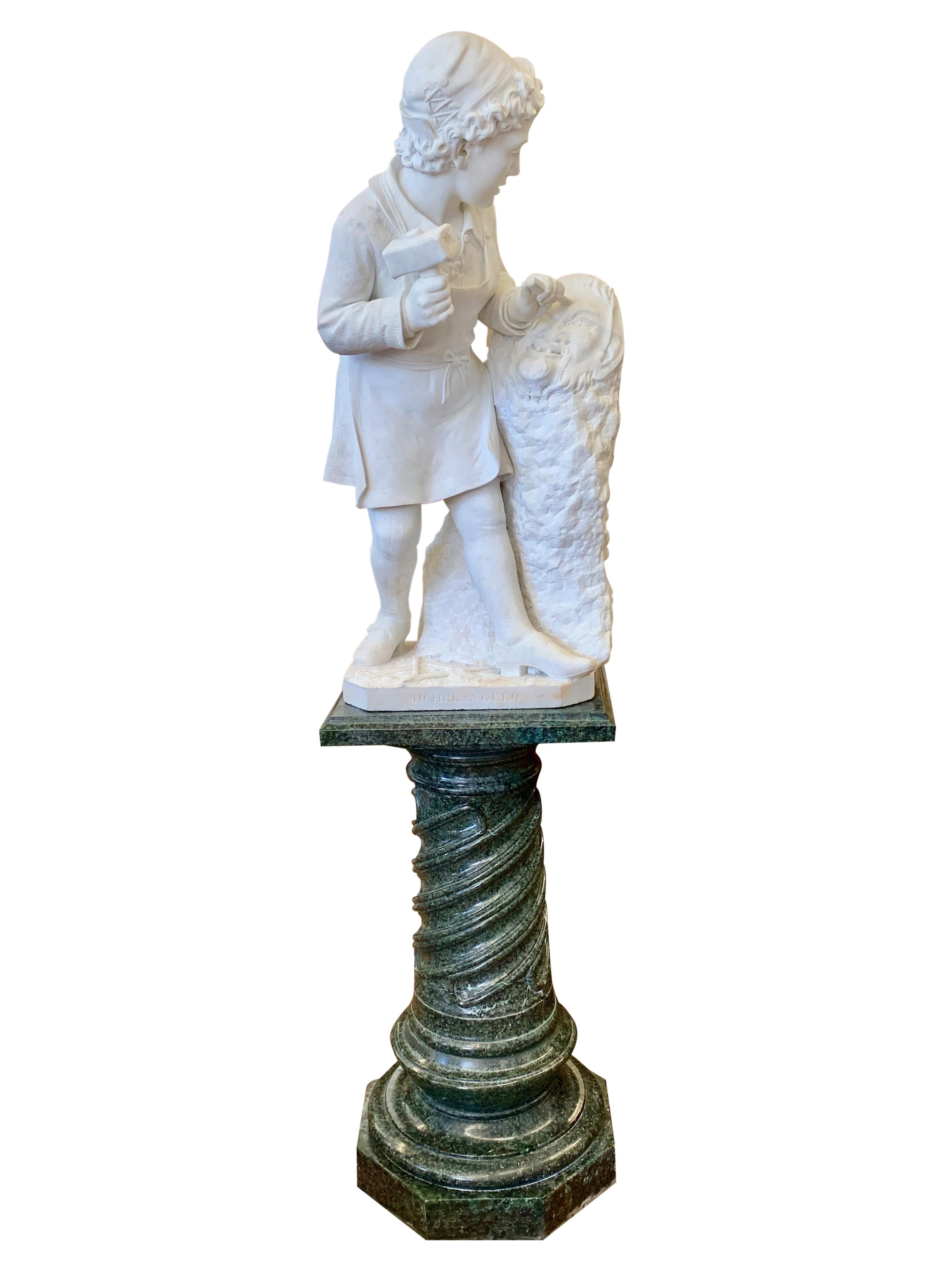Le jeune Michel-Ange 
Marbre de Carrare.
Signé : P. Bazzanti, Florence (Italien, 1825-1895)
Circa 1870

Cette magnifique sculpture en marbre du XIXe siècle, sculptée à la main, représente le jeune artiste sculptant sa première œuvre connue, une tête