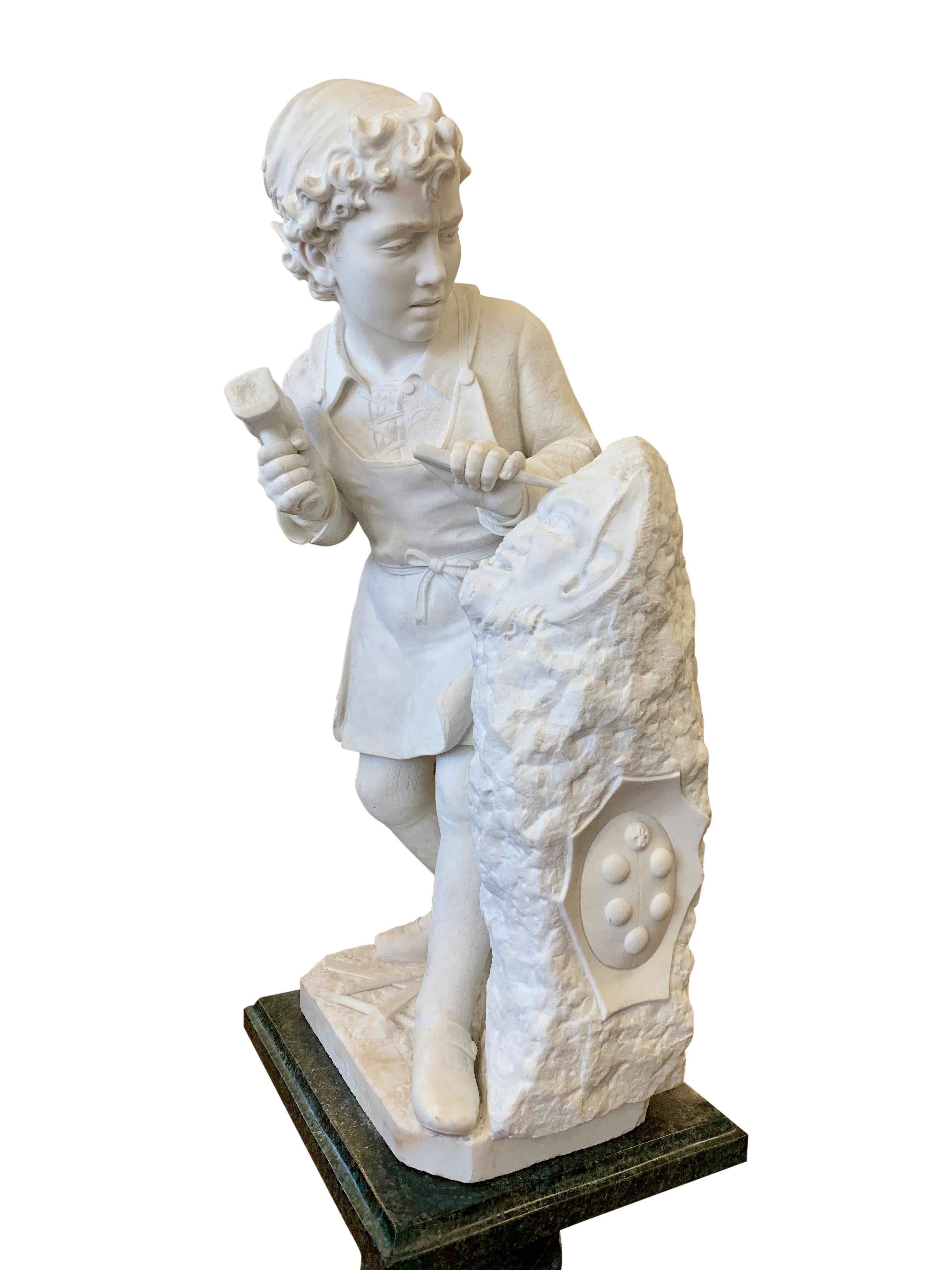 ANTIQUE marble Figure of Michelangelo Carving the Head of Faun In Good Condition For Sale In Los Angeles, CA
