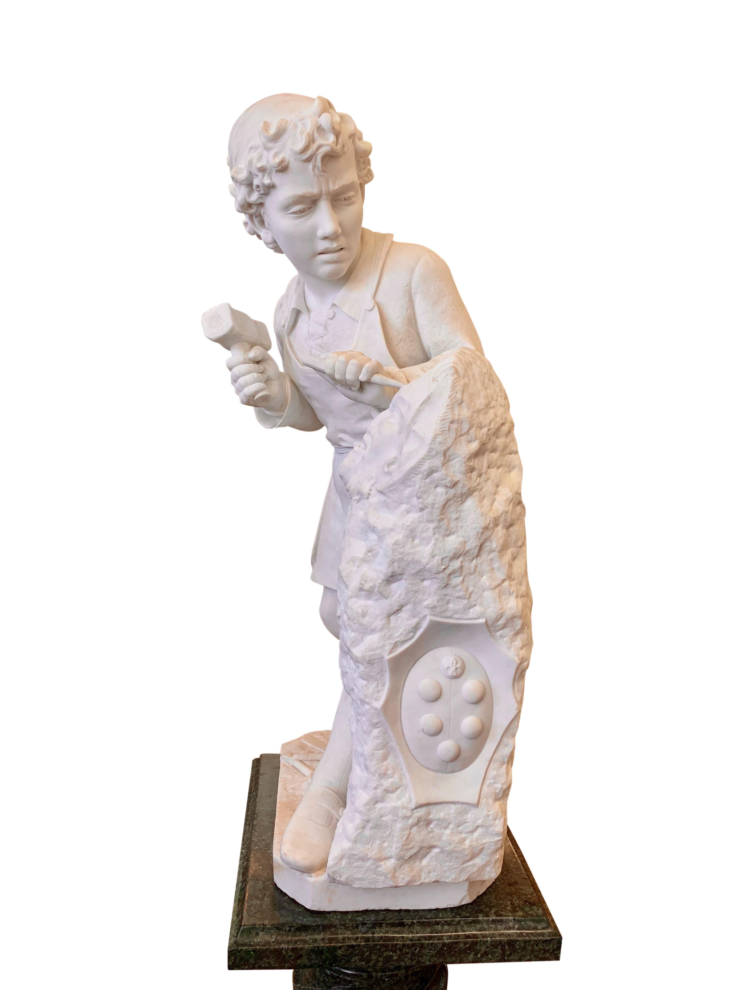 19th Century ANTIQUE marble Figure of Michelangelo Carving the Head of Faun For Sale