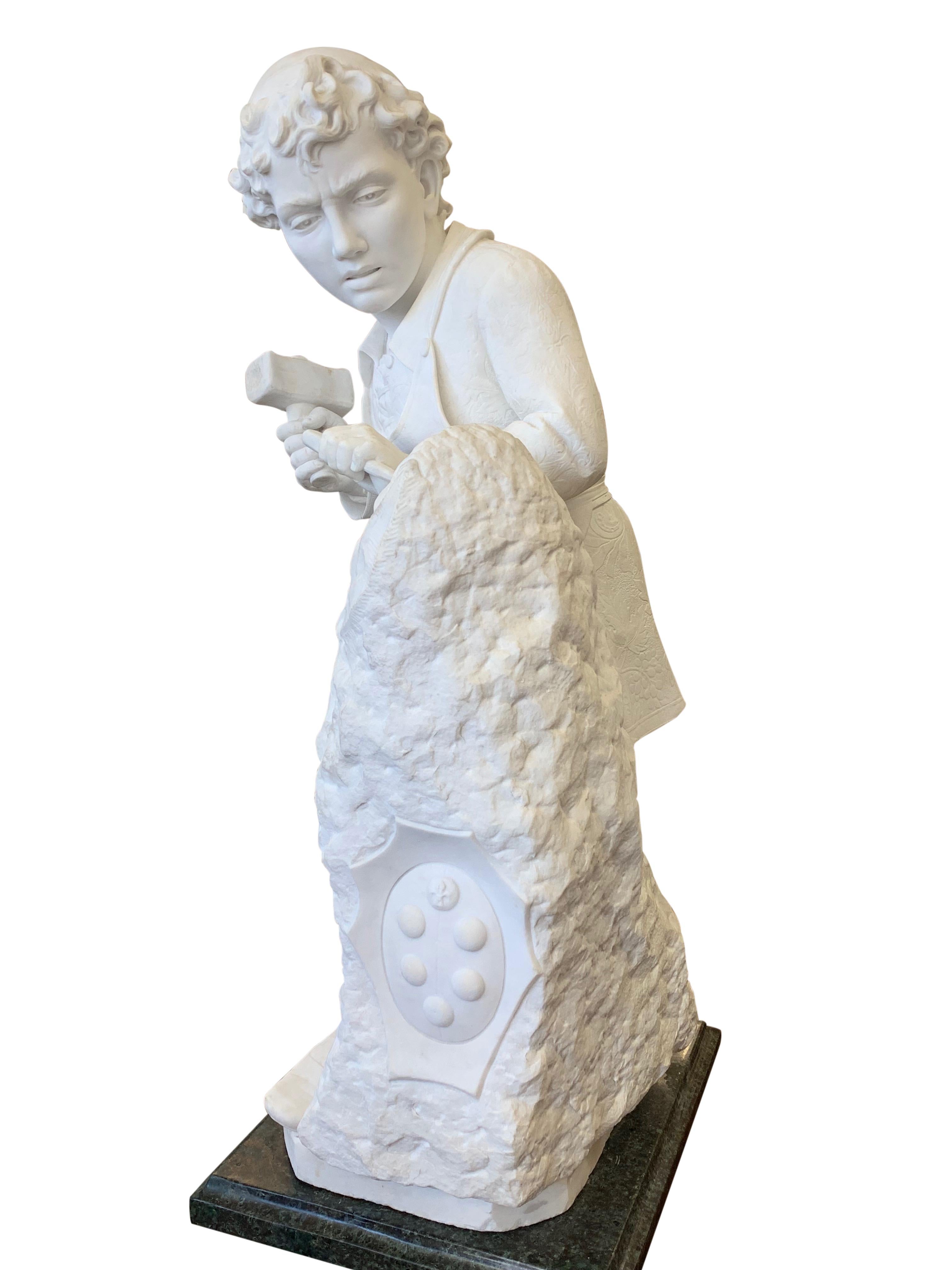 Carrara Marble ANTIQUE marble Figure of Michelangelo Carving the Head of Faun For Sale