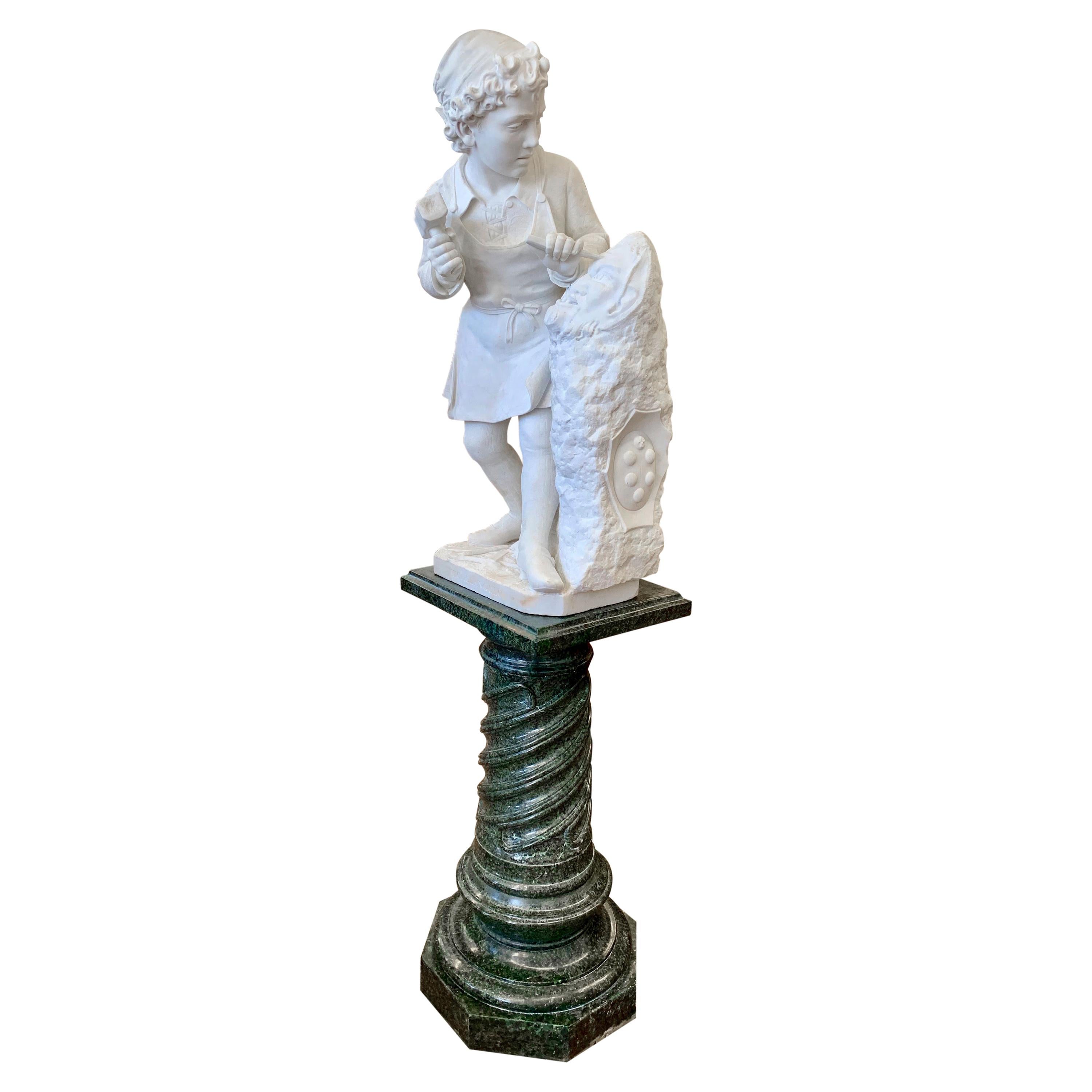 ANTIQUE marble Figure of Michelangelo Carving the Head of Faun For Sale