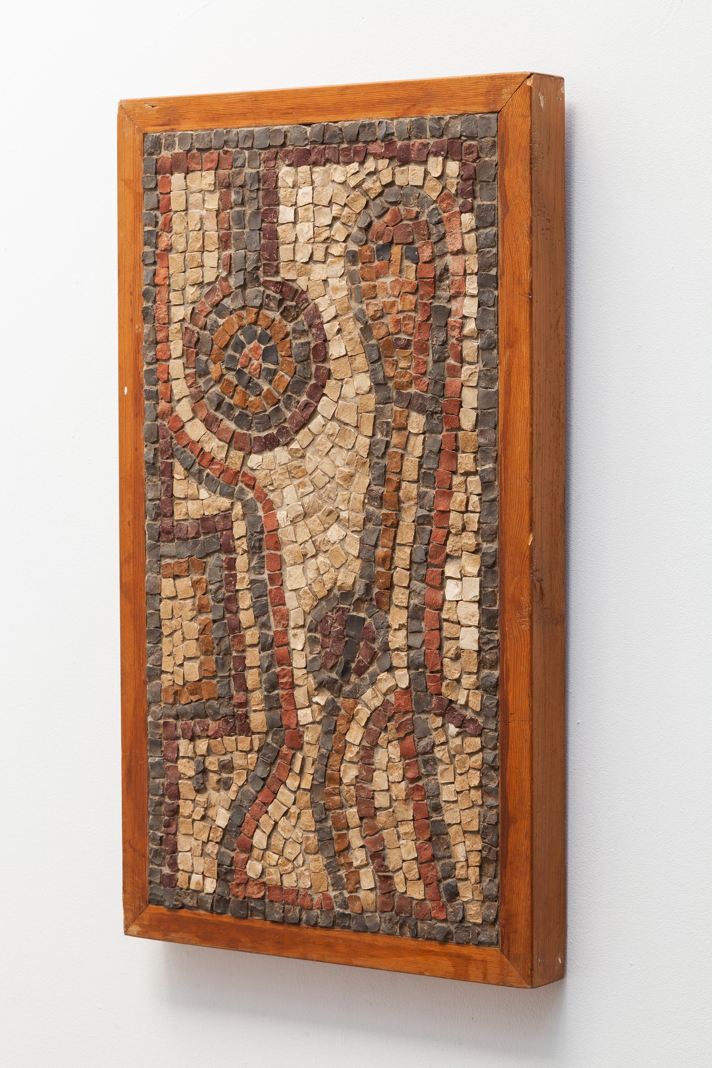Mid-Century Modern mosaic tableau wall piece. Abstract design of a figure in mosaic marble, shades of browns and greys.
Sturdy wooden frame.