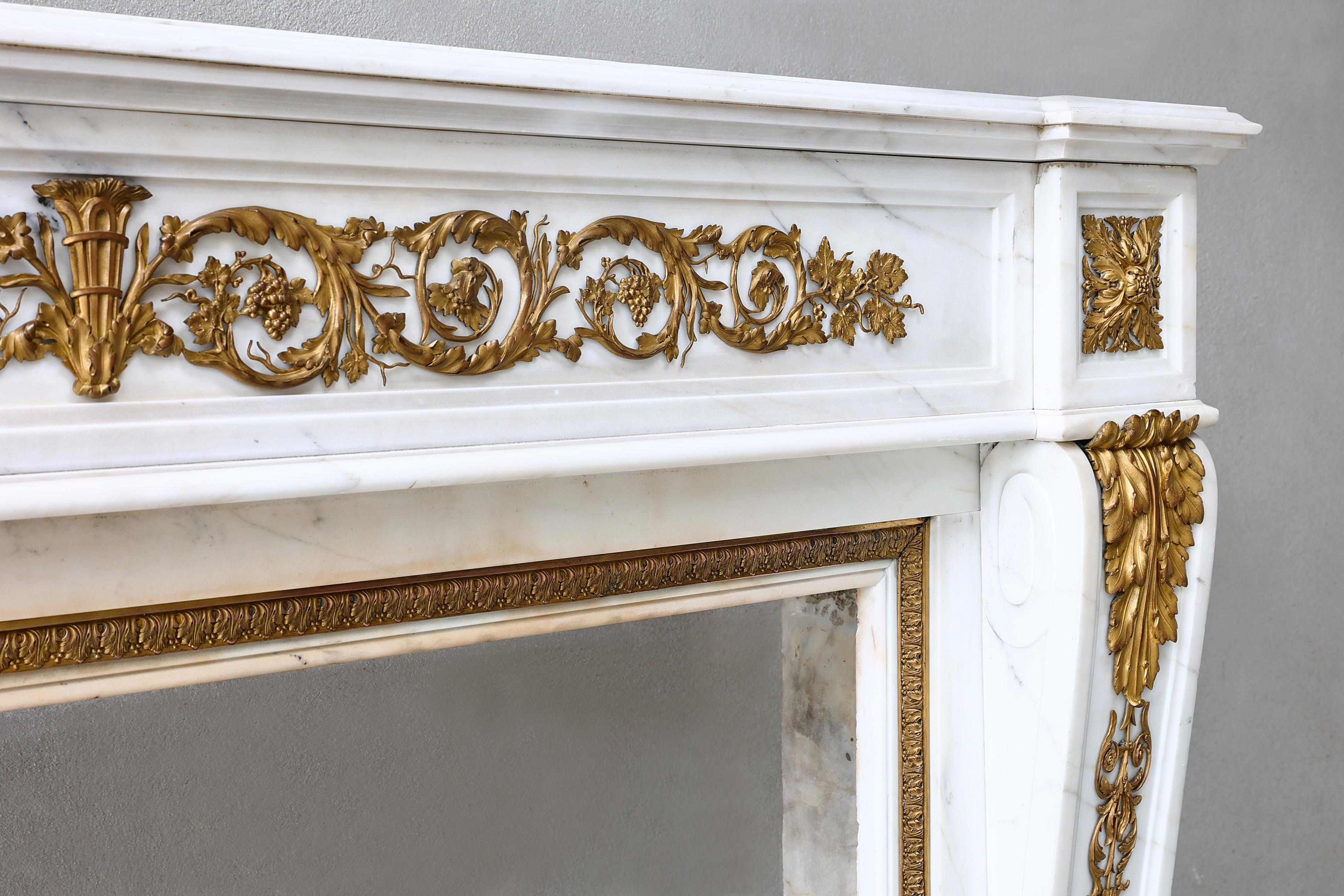 French Marble Fireplace of Carrara Marble from 19th Century Style Louis XVI For Sale