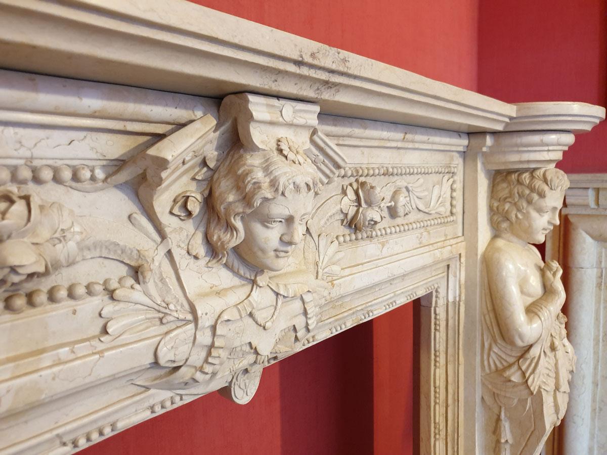 Hand-Carved Marble Fireplace Portal in Style of Baroque