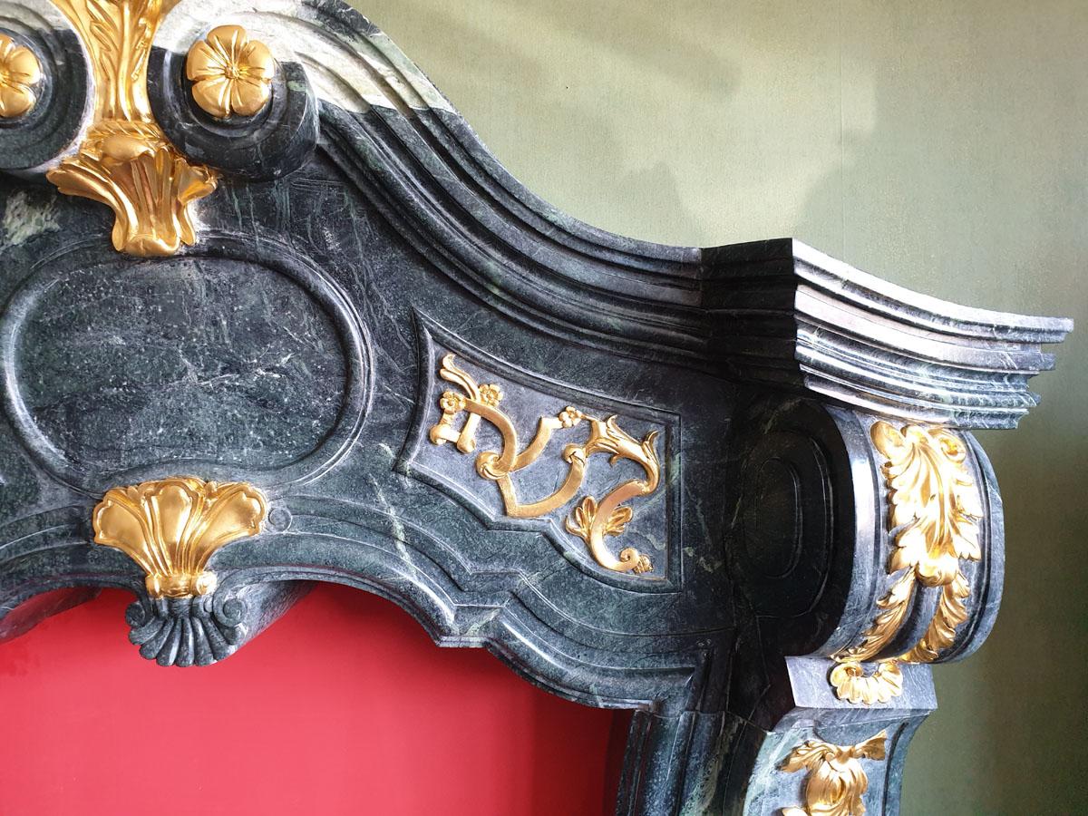 Marble Fireplace Portal in the Style of Mature Baroque, Carved and Gilded For Sale 4
