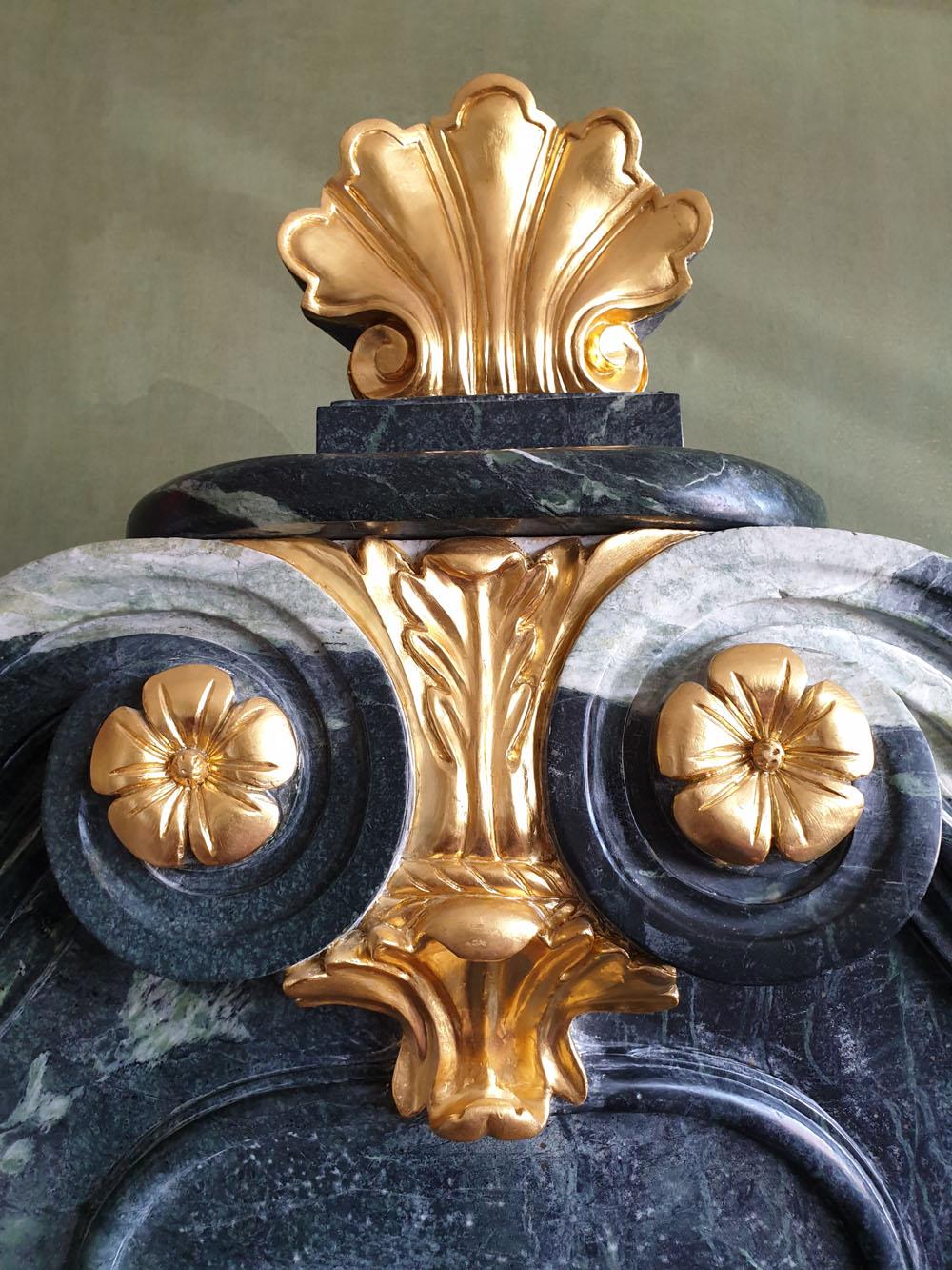 Contemporary Marble Fireplace Portal in the Style of Mature Baroque, Carved and Gilded For Sale