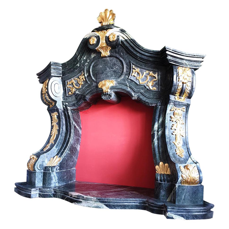 Marble Fireplace Portal in the Style of Mature Baroque, Carved and Gilded For Sale