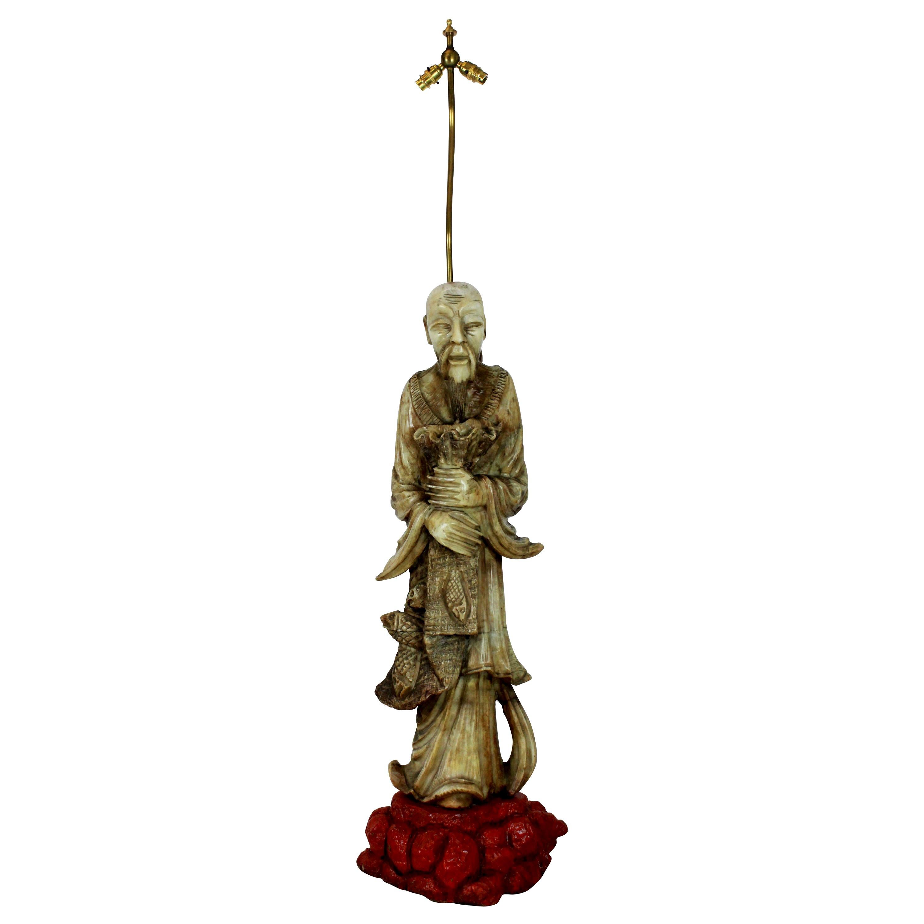 Marble Floor Lamp Depicting a Chinese Fisherman