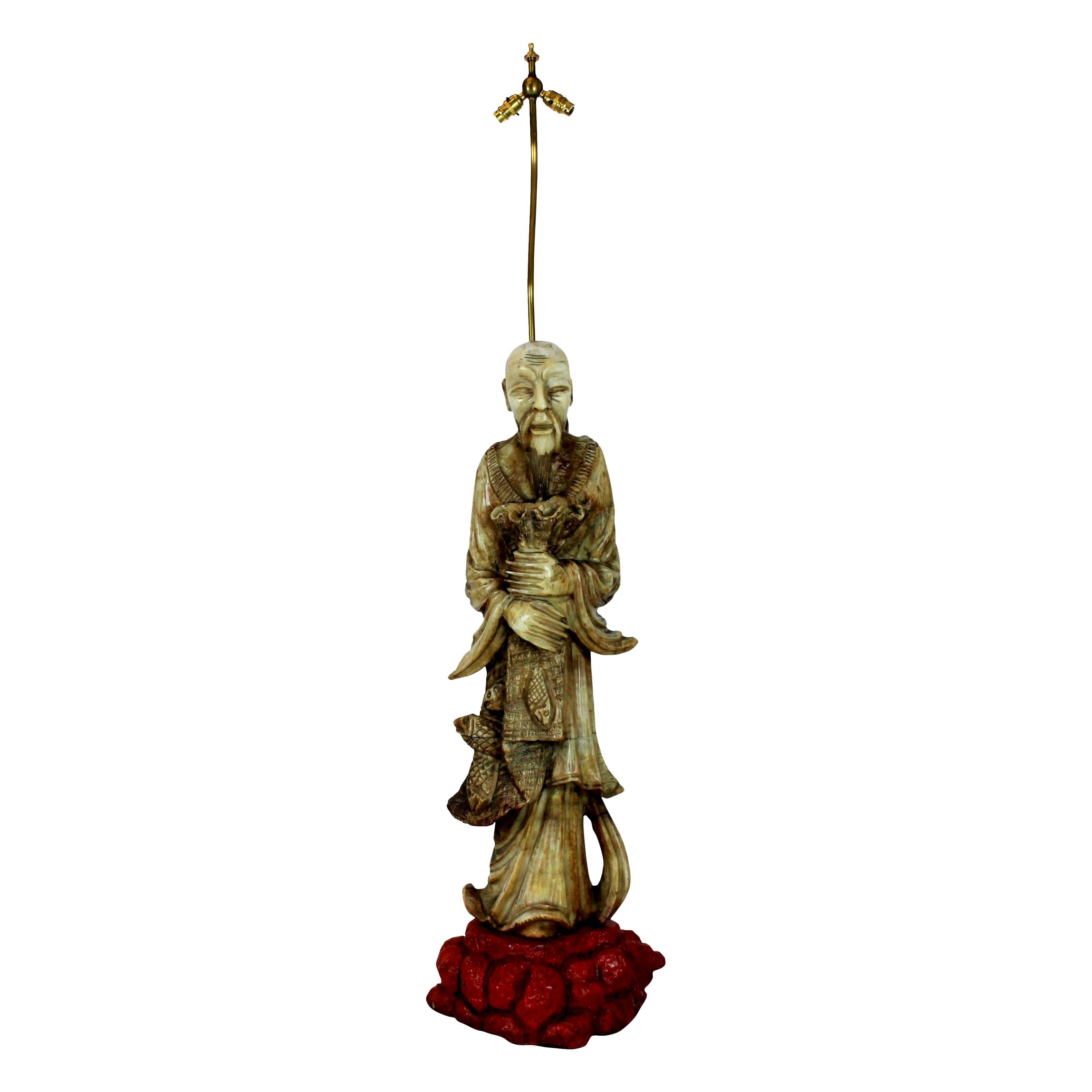 Marble Floor Lamp Depicting a Chinese Fisherman