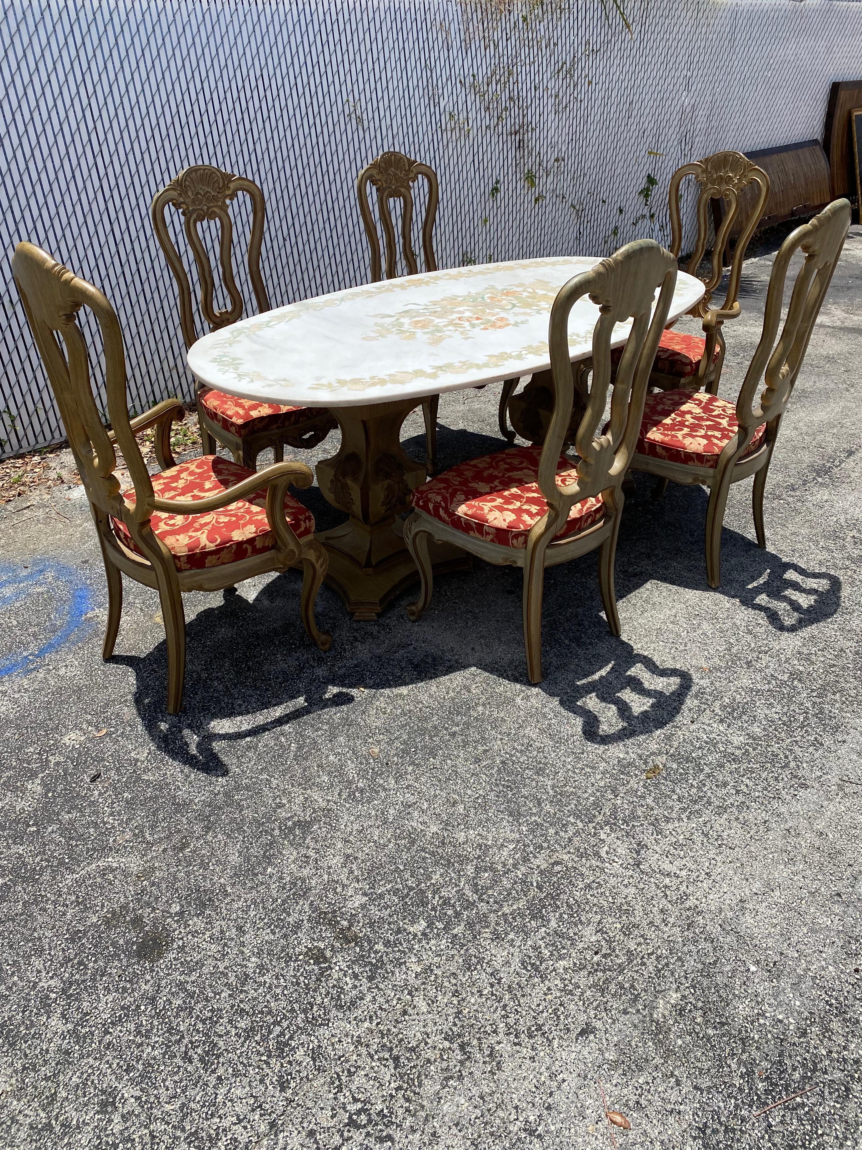 French Provincial Marble Floral Inlaid Painted Oval Wood French Dining Table and Chairs, Set of 7 For Sale