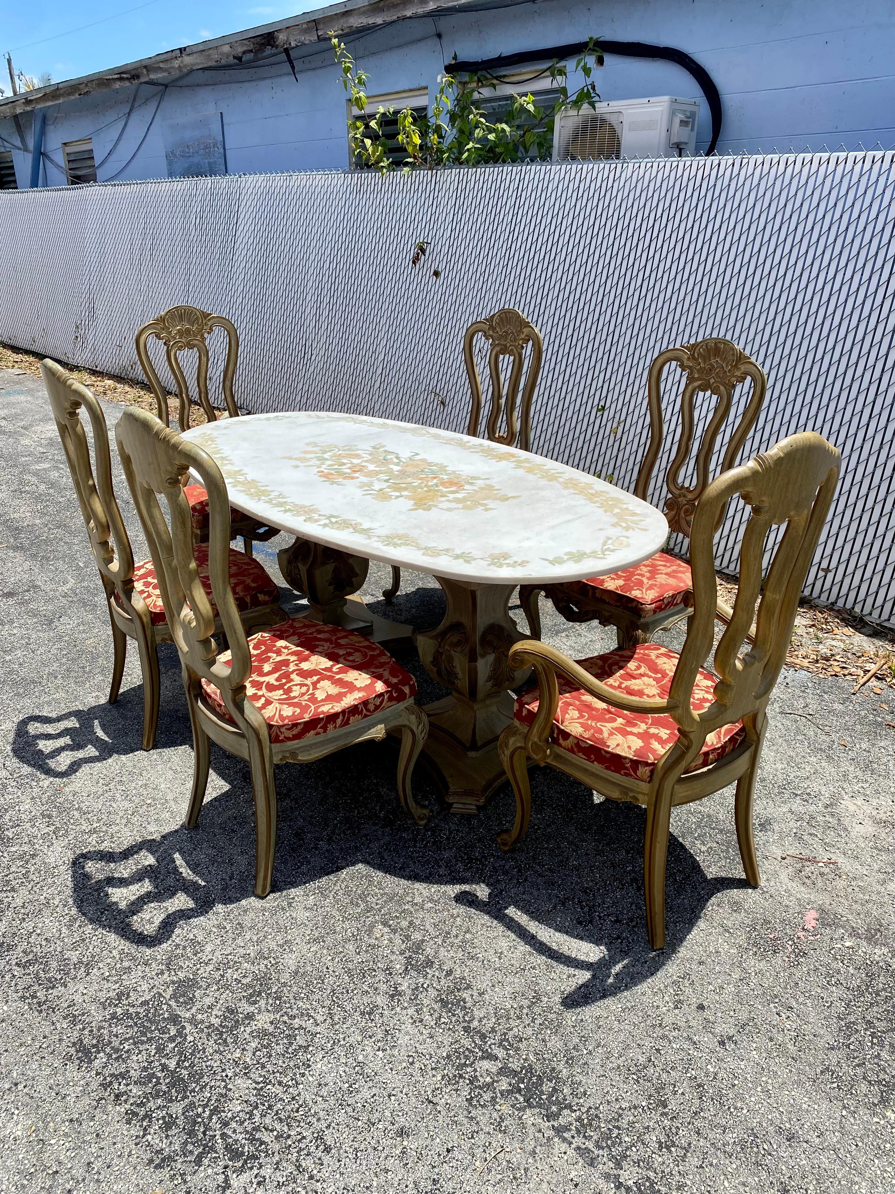 Marble Floral Inlaid Painted Oval Wood French Dining Table and Chairs, Set of 7 In Good Condition For Sale In Fort Lauderdale, FL