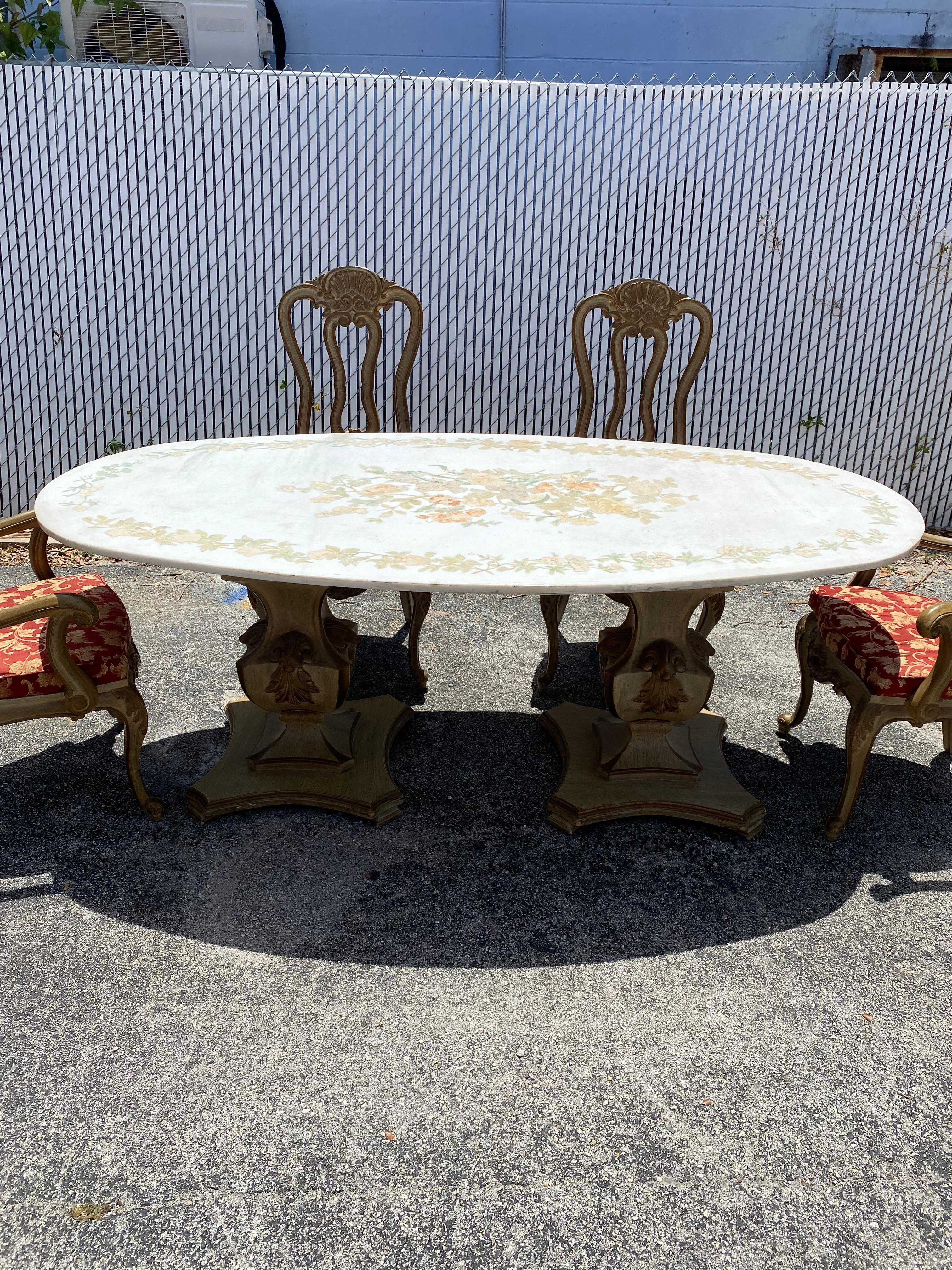 20th Century Marble Floral Inlaid Painted Oval Wood French Dining Table and Chairs, Set of 7 For Sale